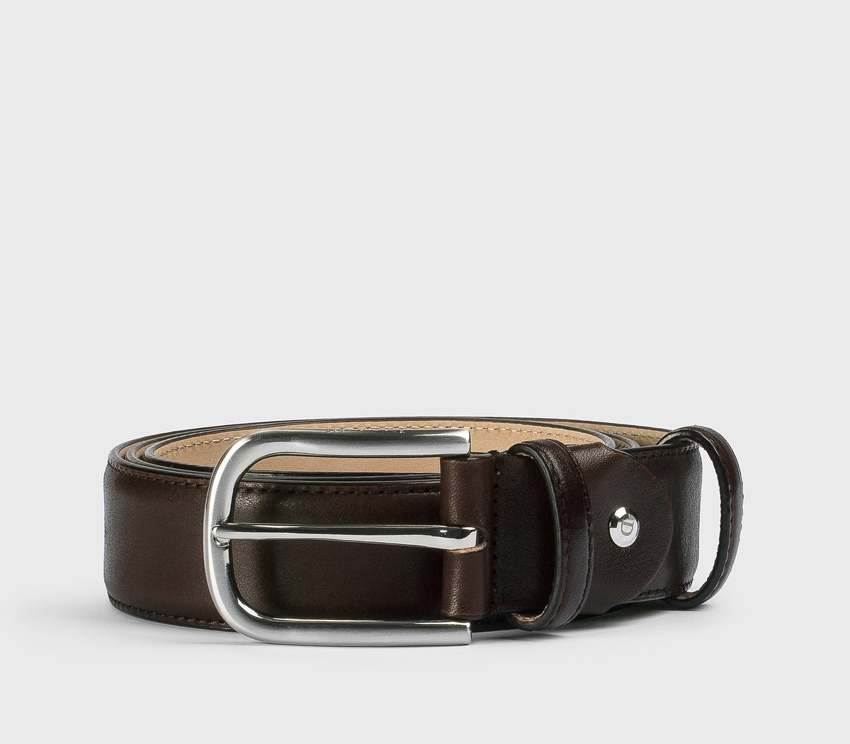 Adjustable dark brown leather belt