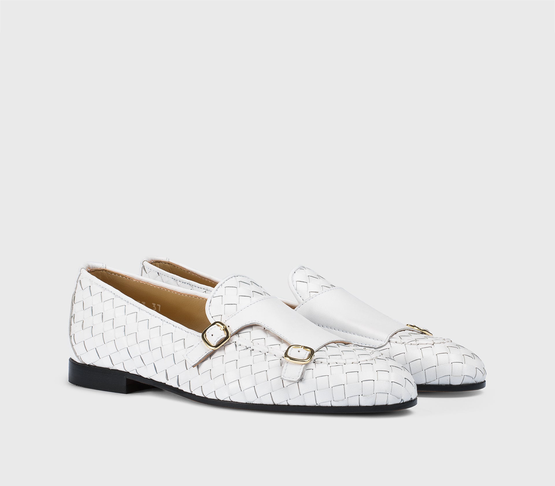 White woven leather double-buckle loafer