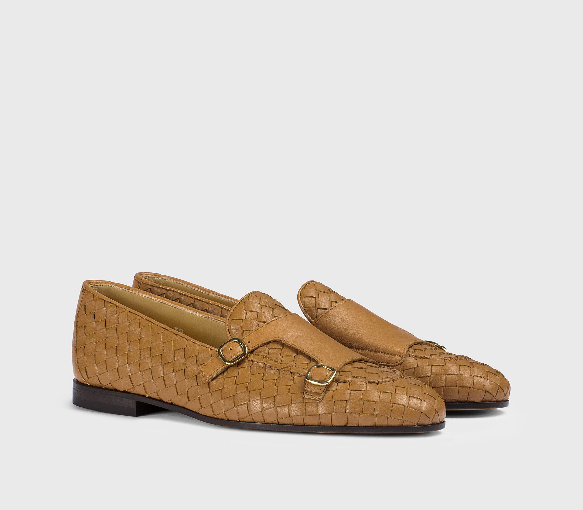 “Walnut” brown woven leather double-buckle loafer