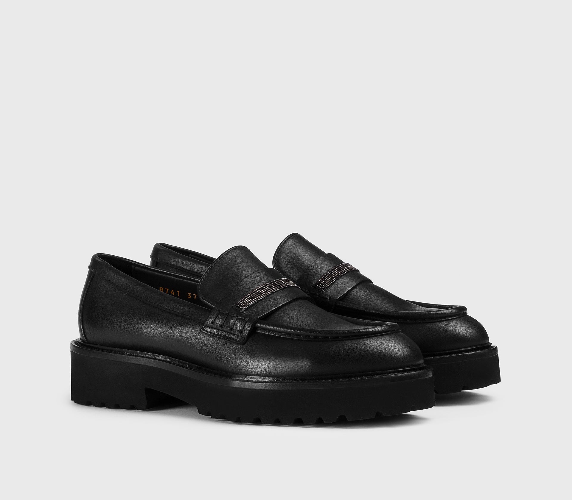 Black leather loafer with micro studs