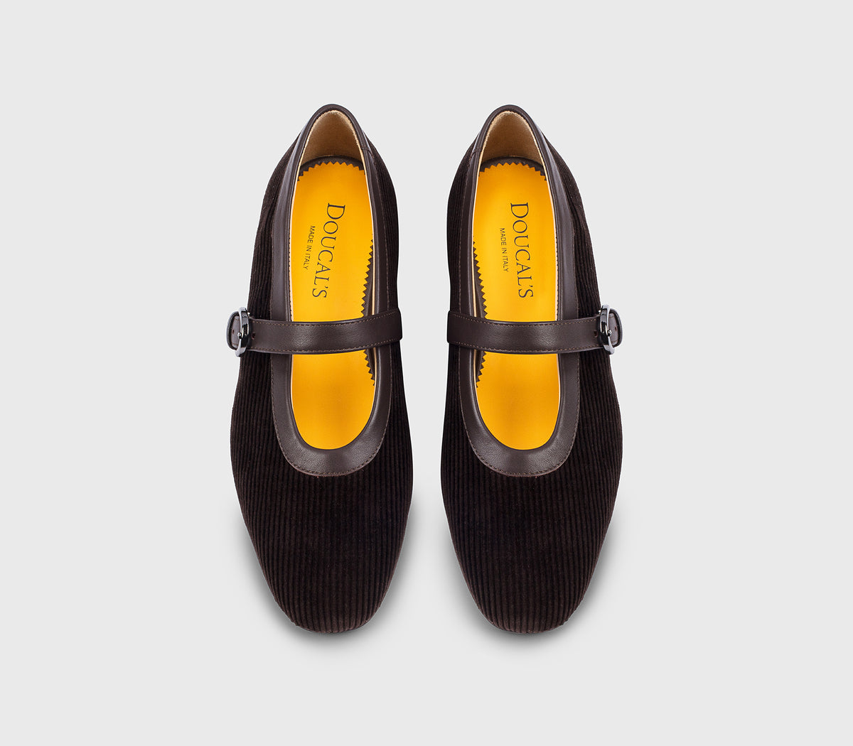 “Dark chocolate” brown velvet-finish ballet flat with strap
