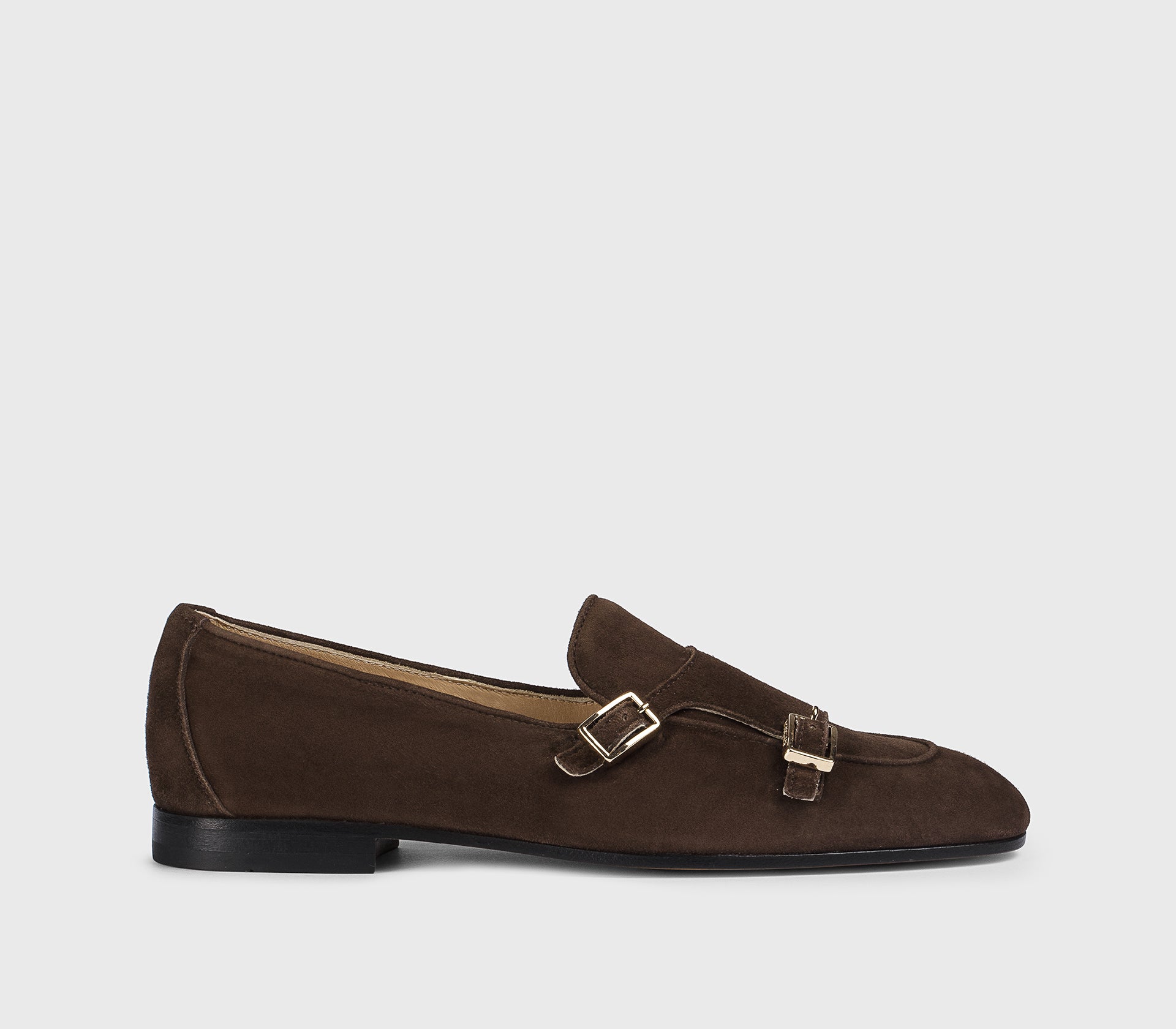 “Moka” brown suede double-buckle loafer