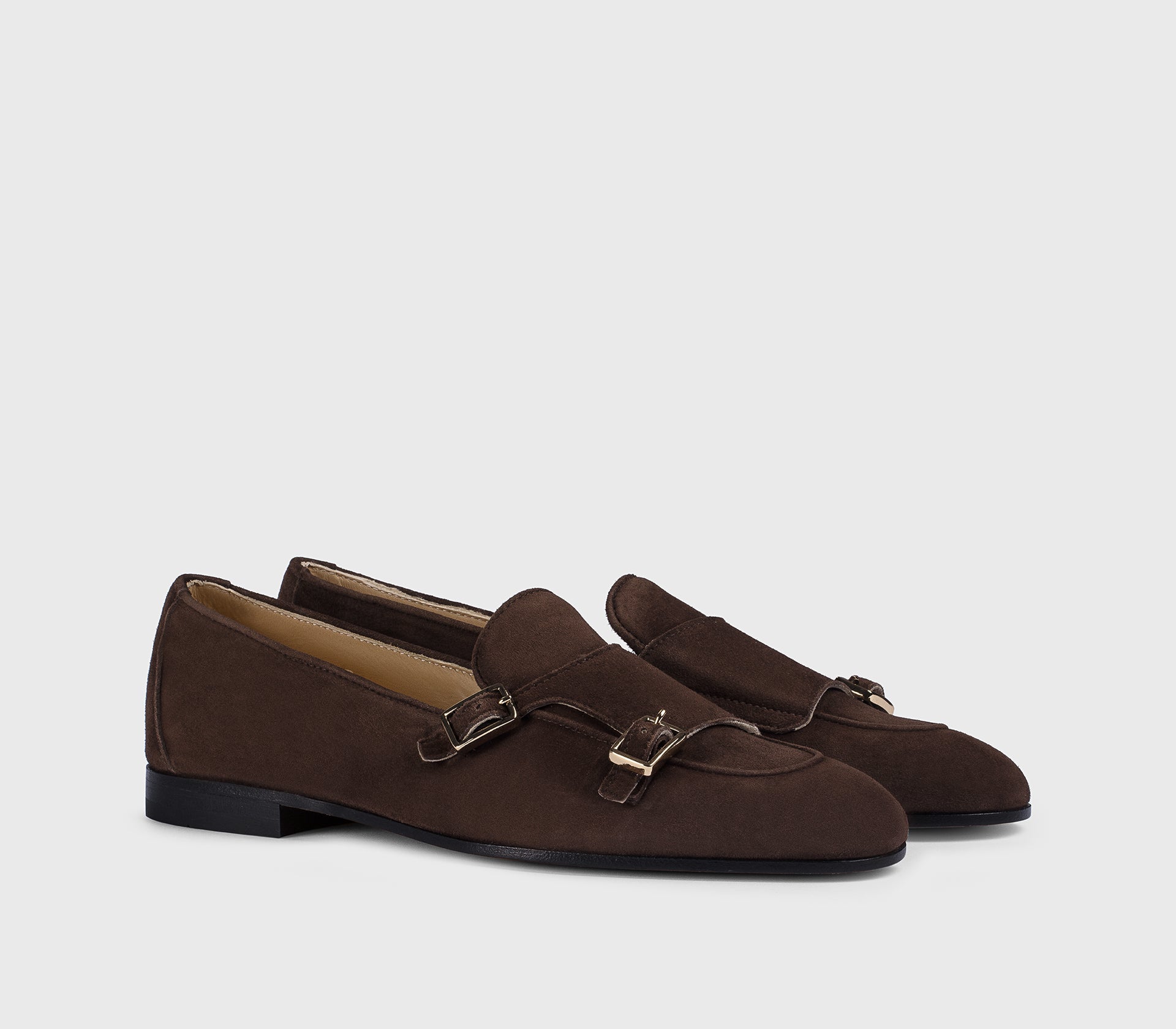 “Moka” brown suede double-buckle loafer