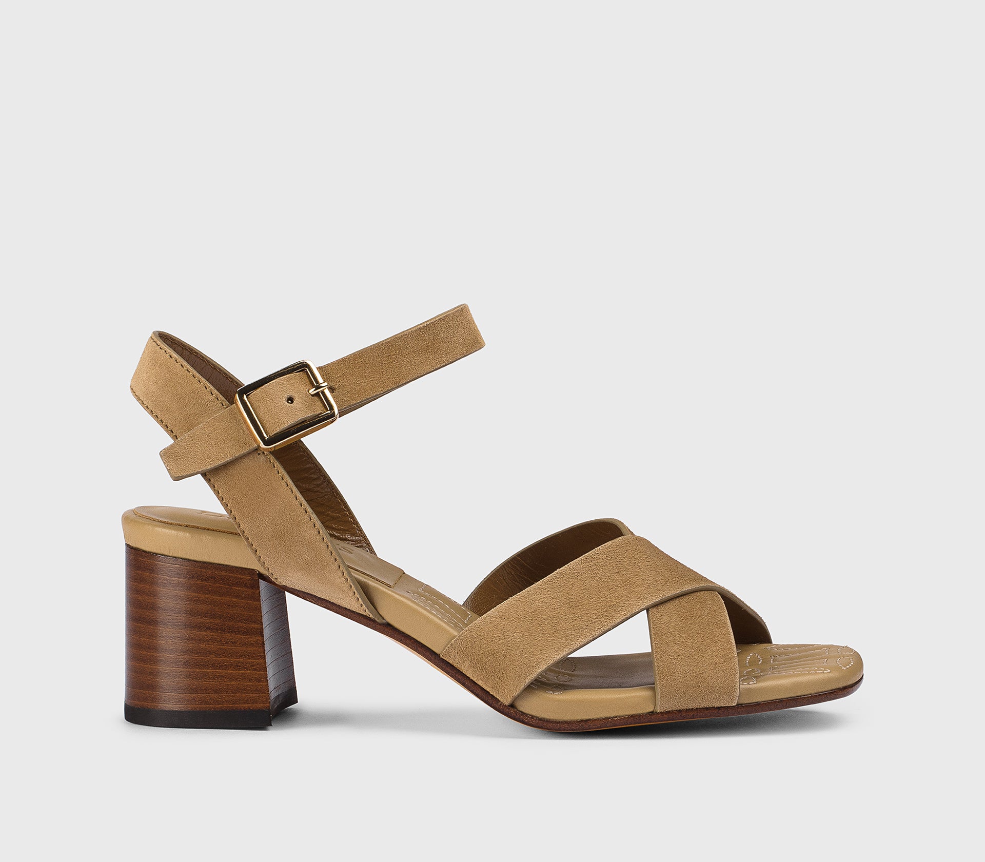 Sandale mit überkreuztem Band in Veloursleder im Farbton Teddy Beige