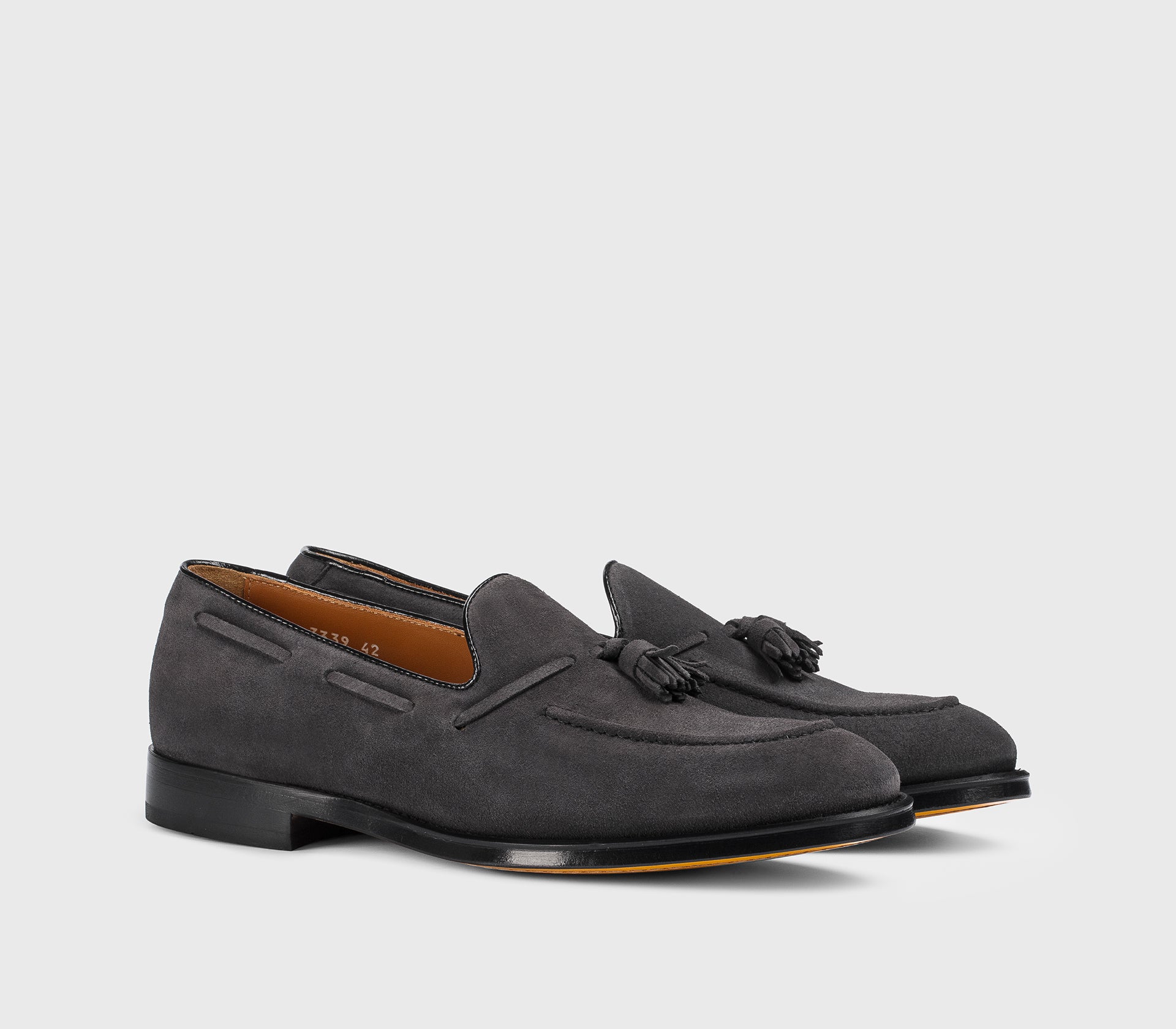 “Charcoal” grey suede loafer with tassels