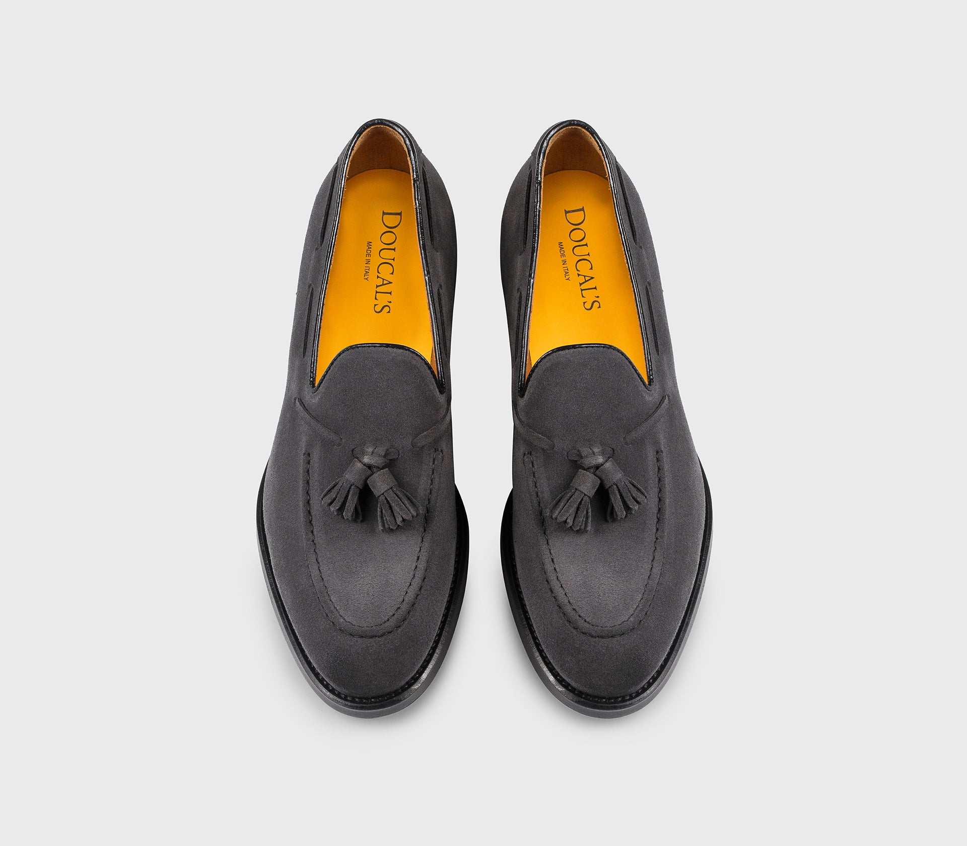 “Charcoal” grey suede loafer with tassels