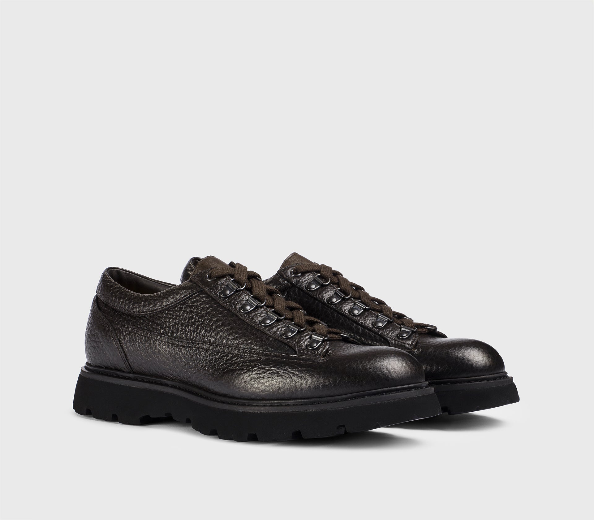 Dark ebony brown tumbled leather lace-up with hooks