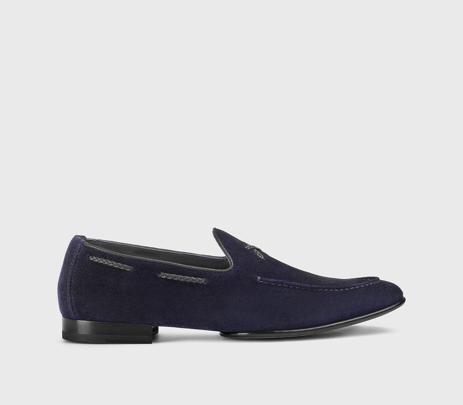 Blue suede loafer with braided lacing