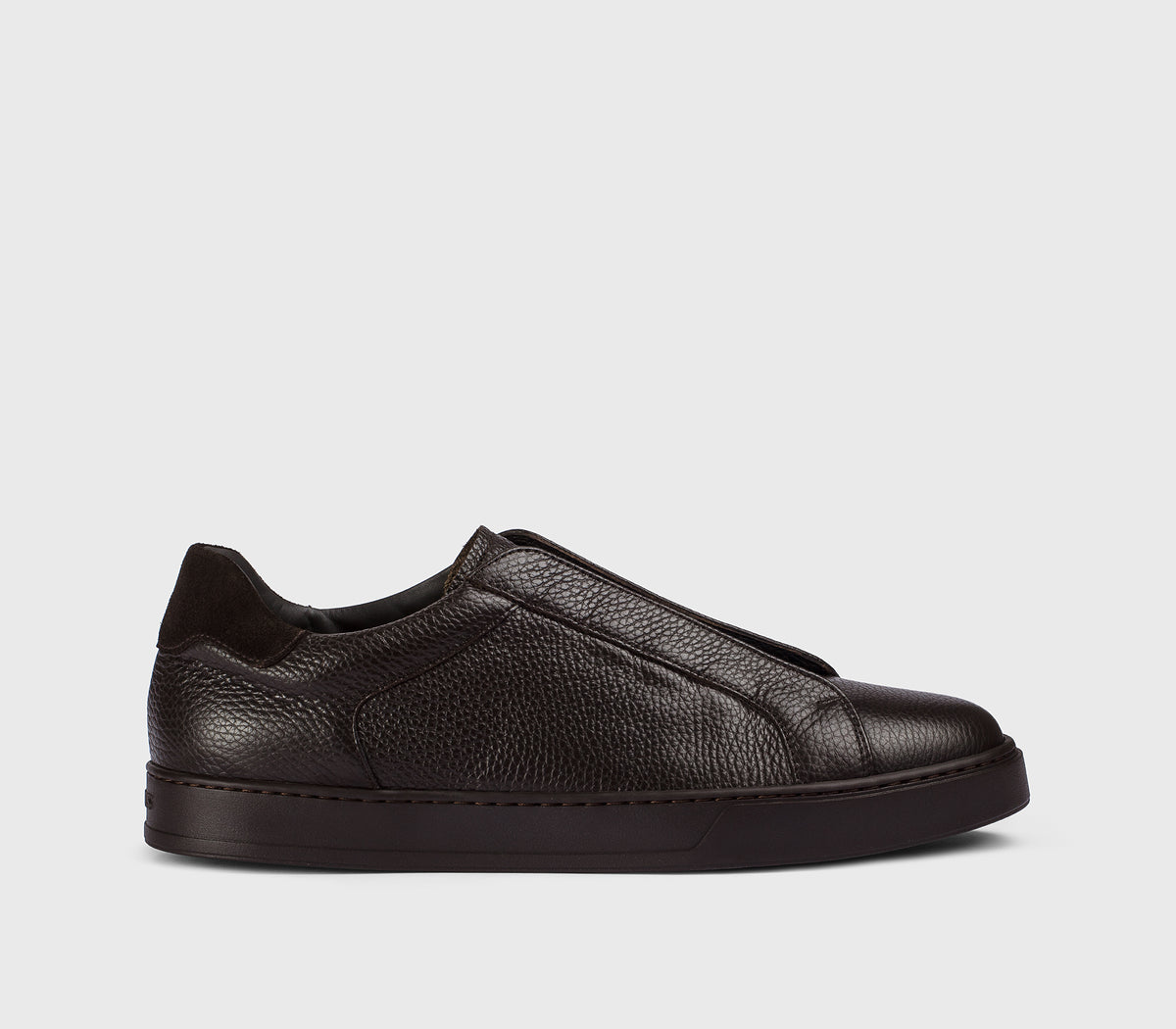 “Ebony” brown tumbled leather sneaker with suede detail