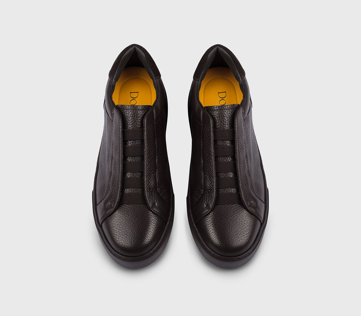 “Ebony” brown tumbled leather sneaker with suede detail