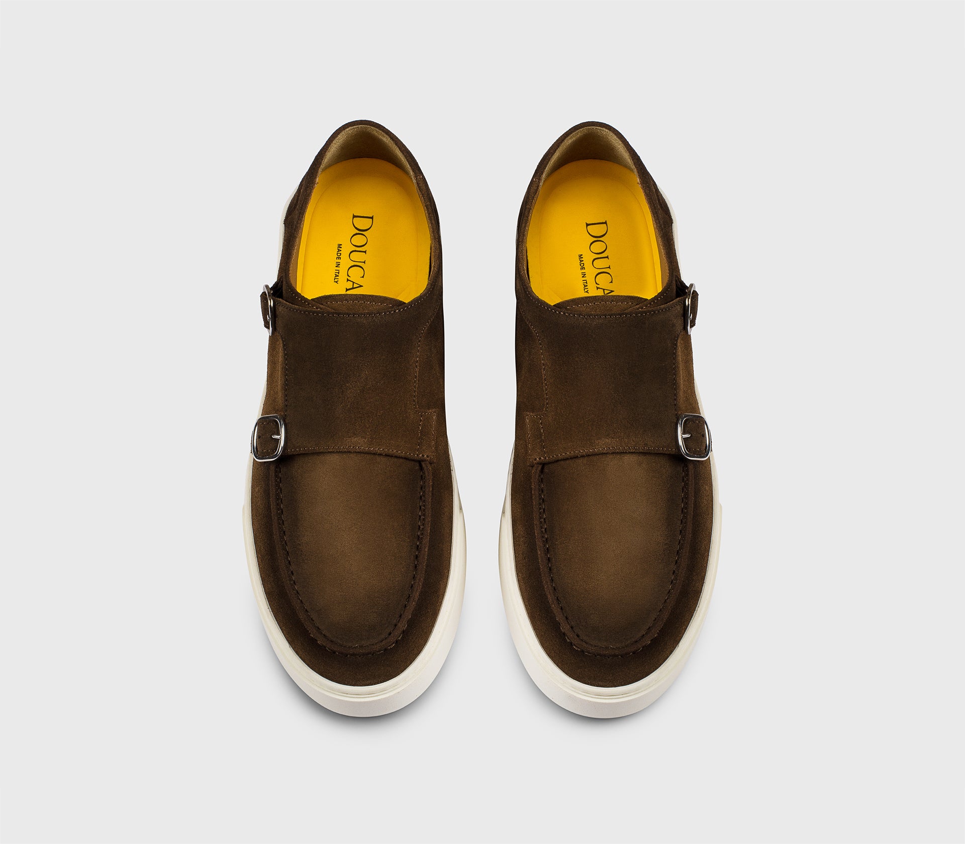 “Snuff” brown suede double-buckle loafer