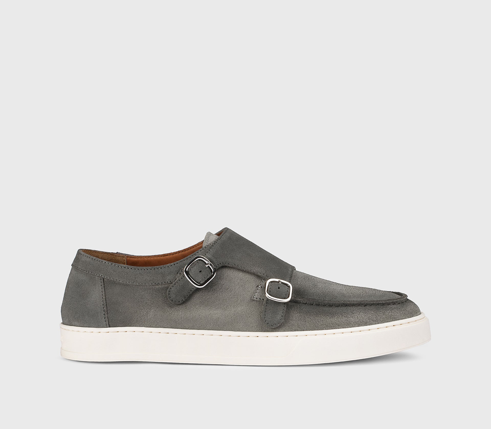 “Iron” grey suede double-buckle loafer