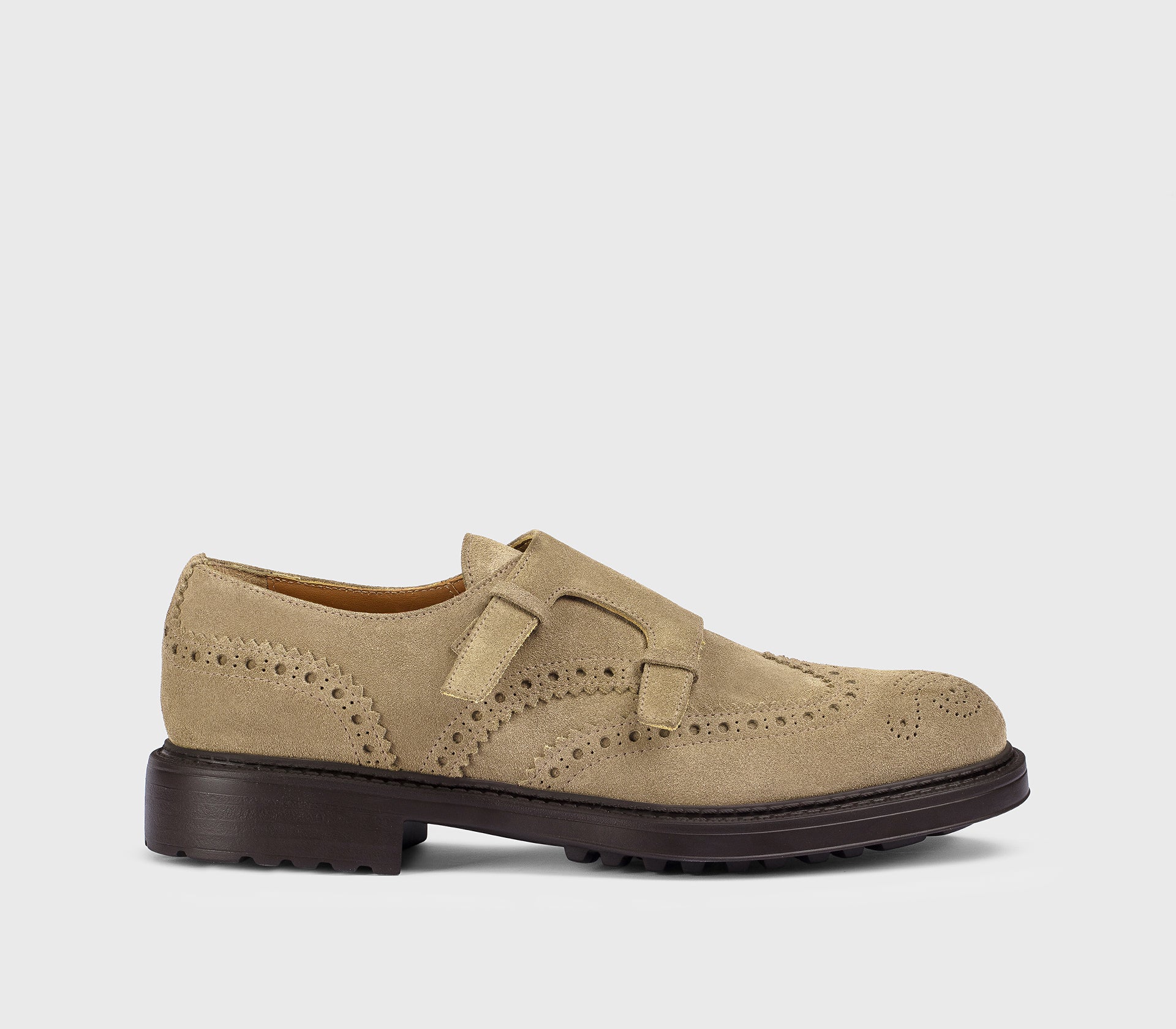 Cocoa-coloured suede double-buckle shoe with “loop” detail