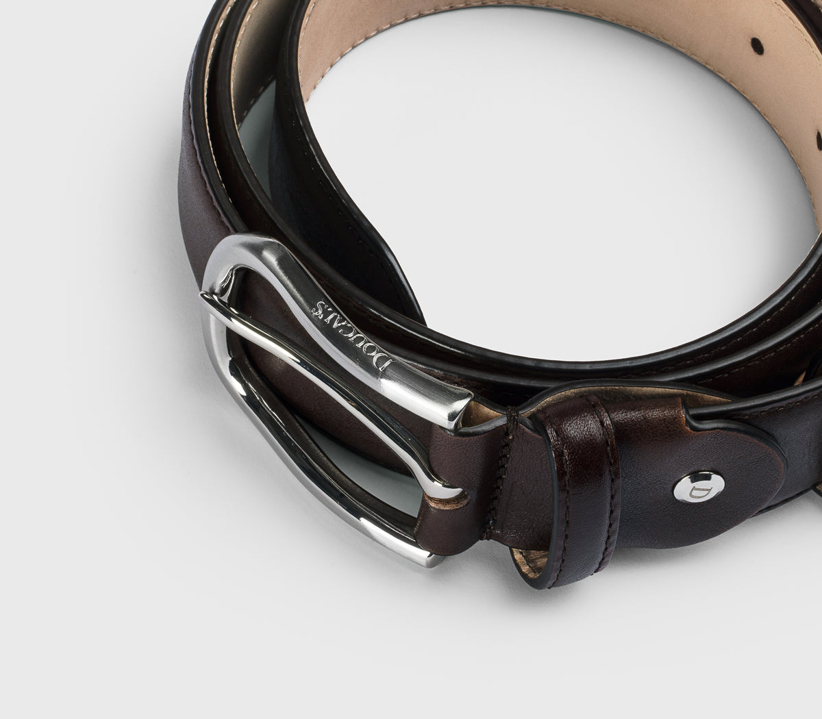 Adjustable dark brown leather belt