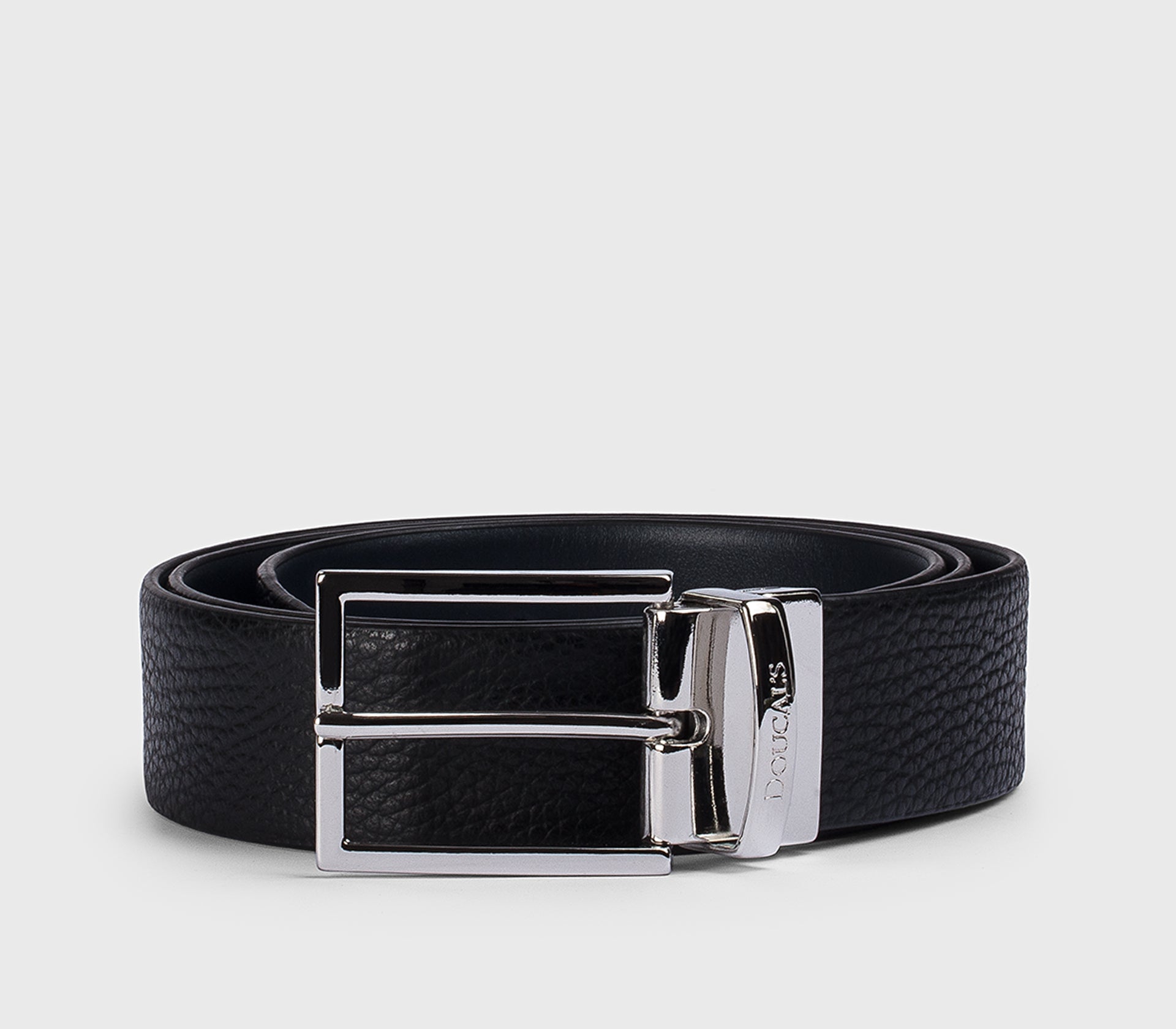 Cintura double-face regolabile in pelle bottalata nera e navy