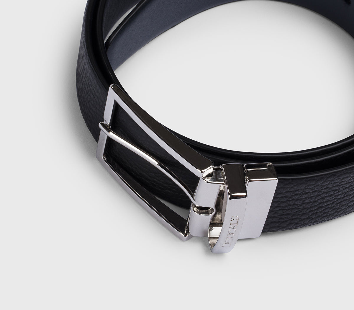 Cintura double-face regolabile in pelle bottalata nera e navy