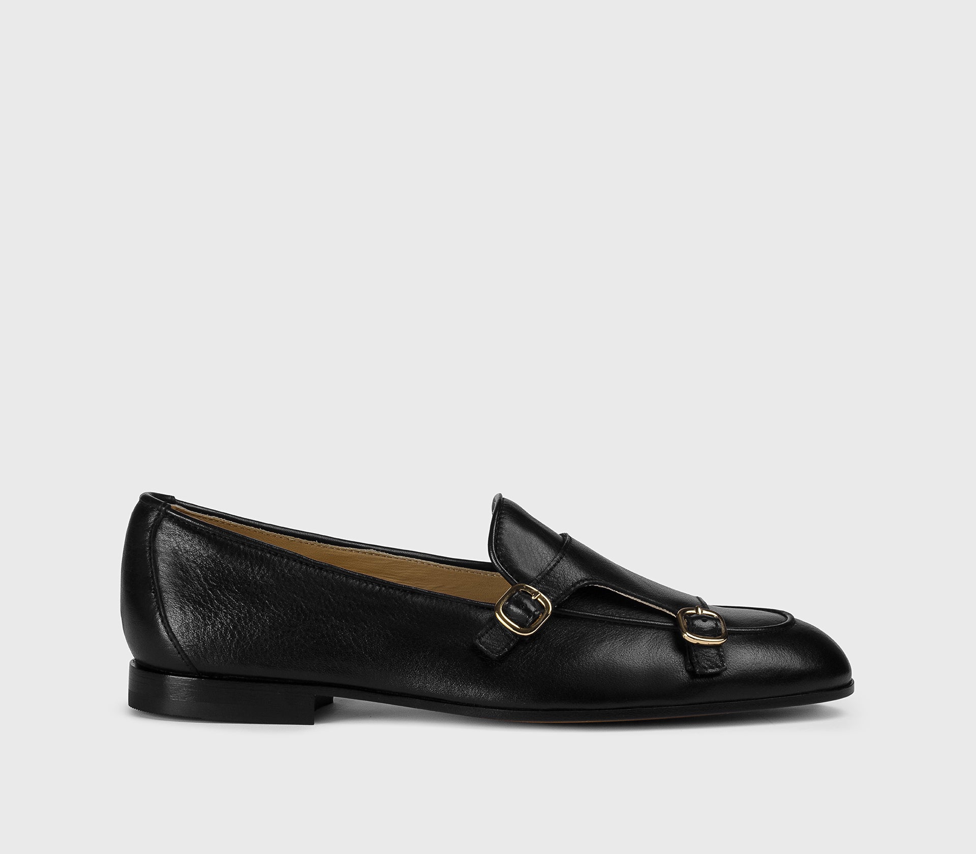 Black leather double-buckle loafer