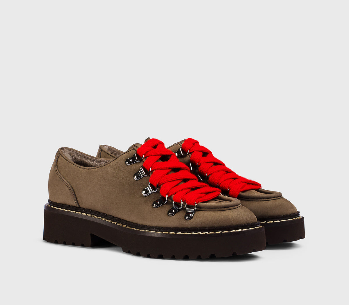 Mink-coloured leather lace-up shoe with hooks