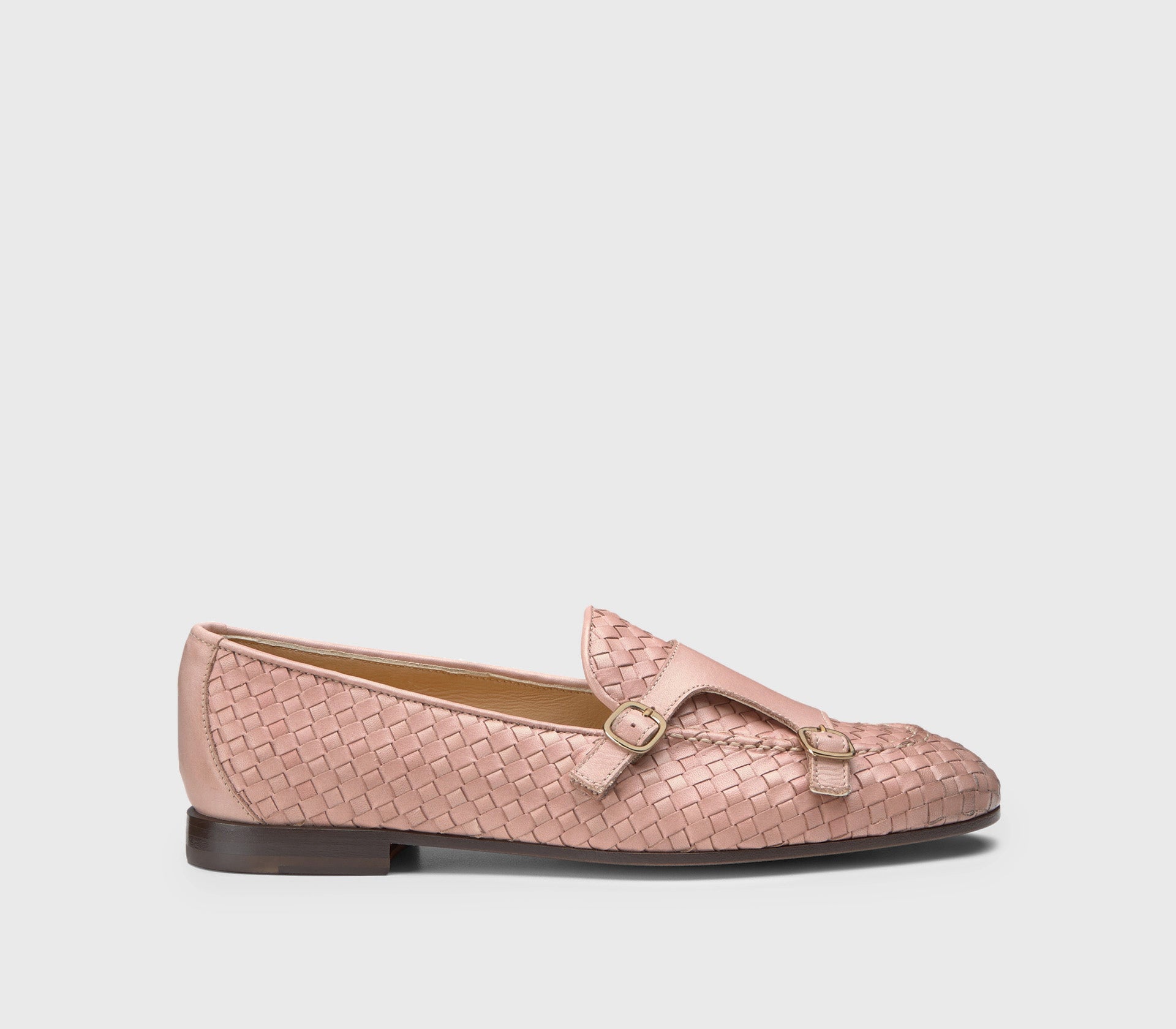 Double-buckle loafers in pink woven leather