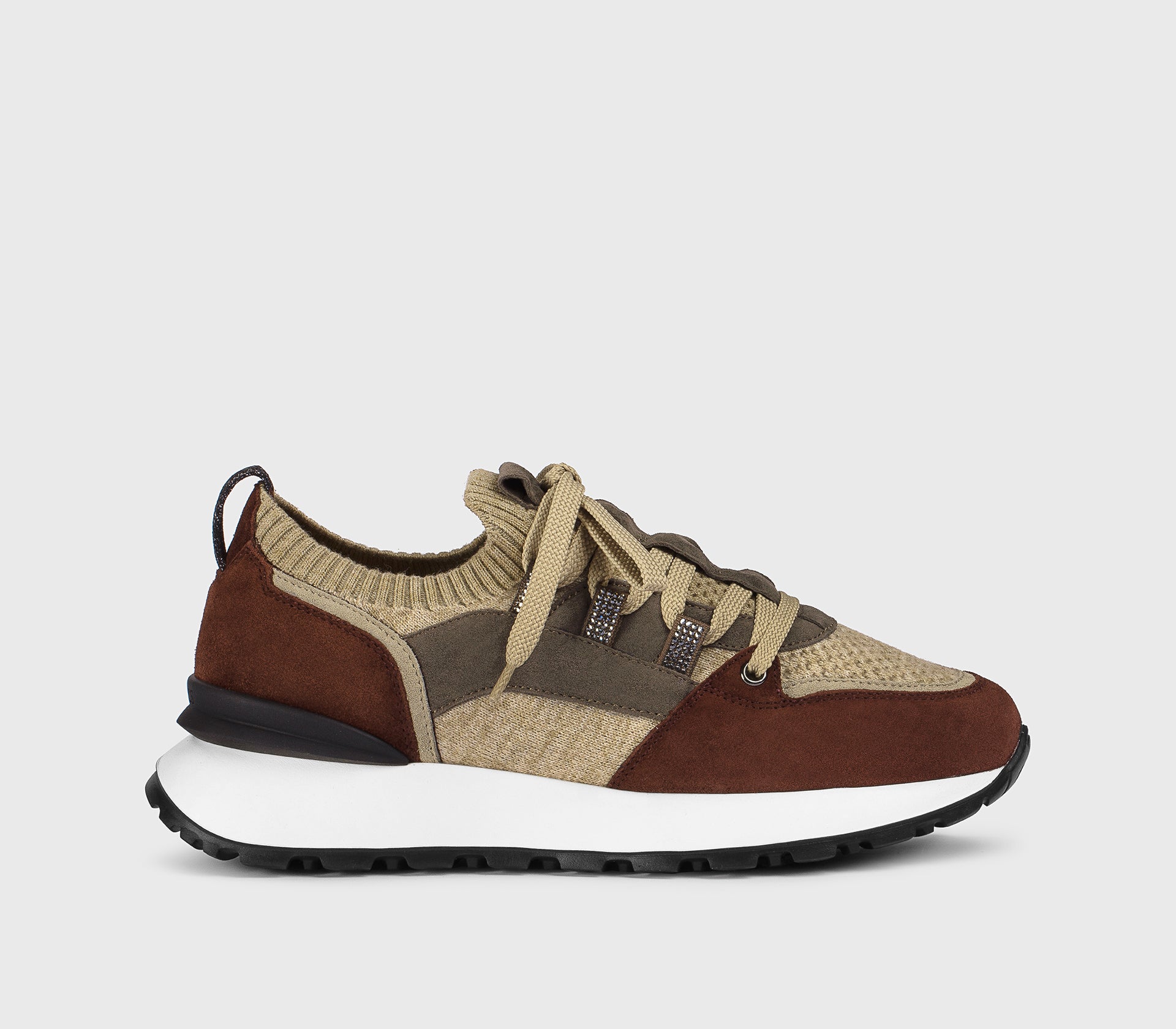 “Wood” brown sneaker made from a combination of materials