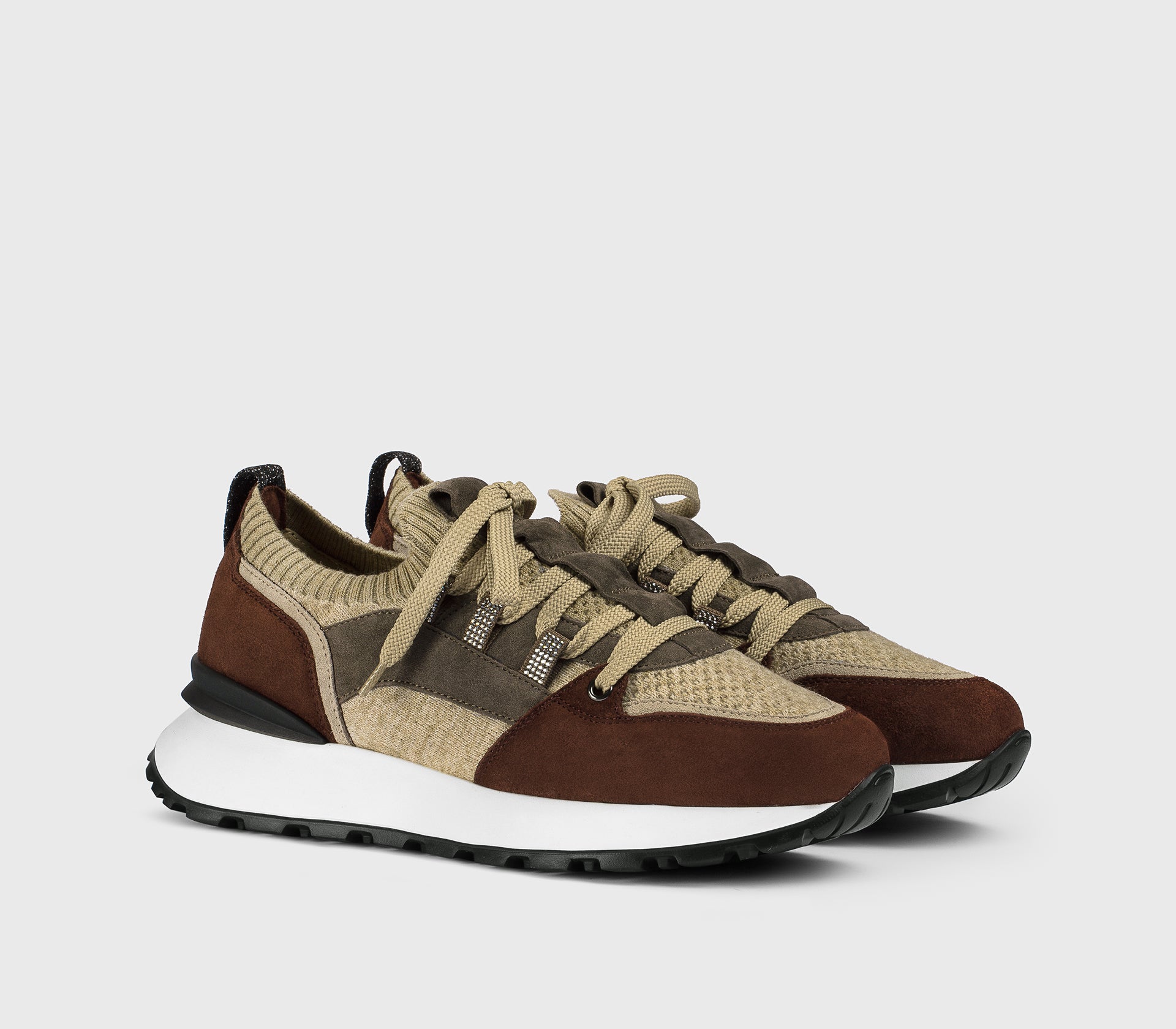 “Wood” brown sneaker made from a combination of materials