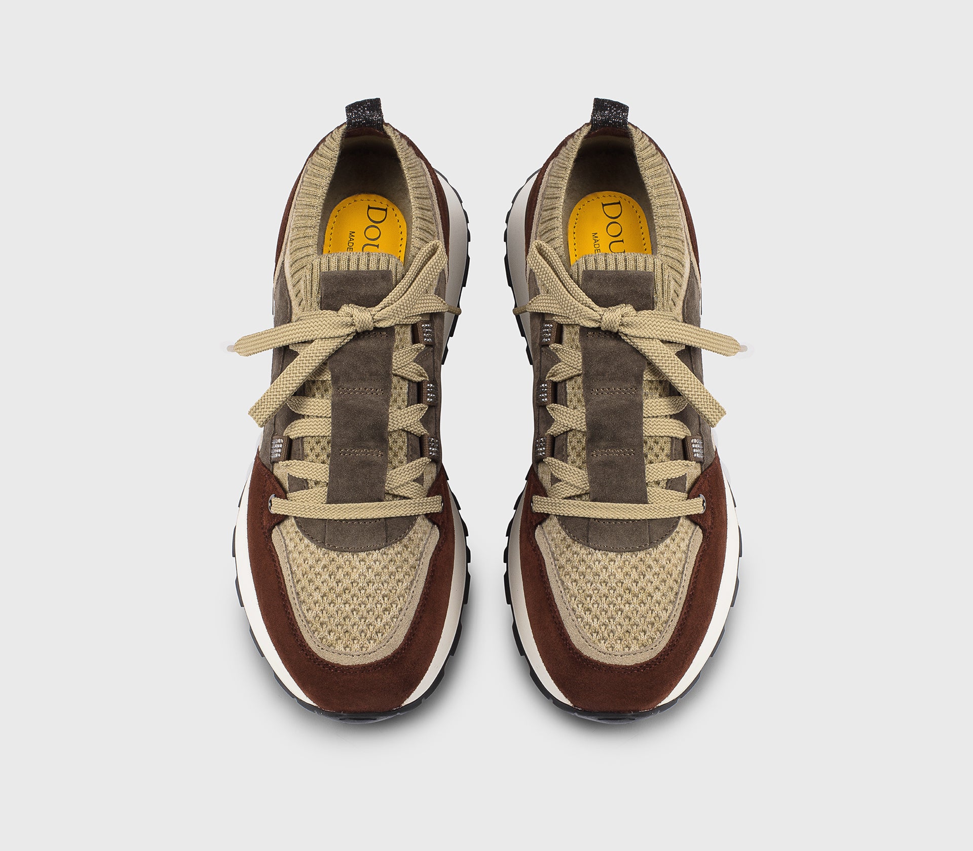 “Wood” brown sneaker made from a combination of materials