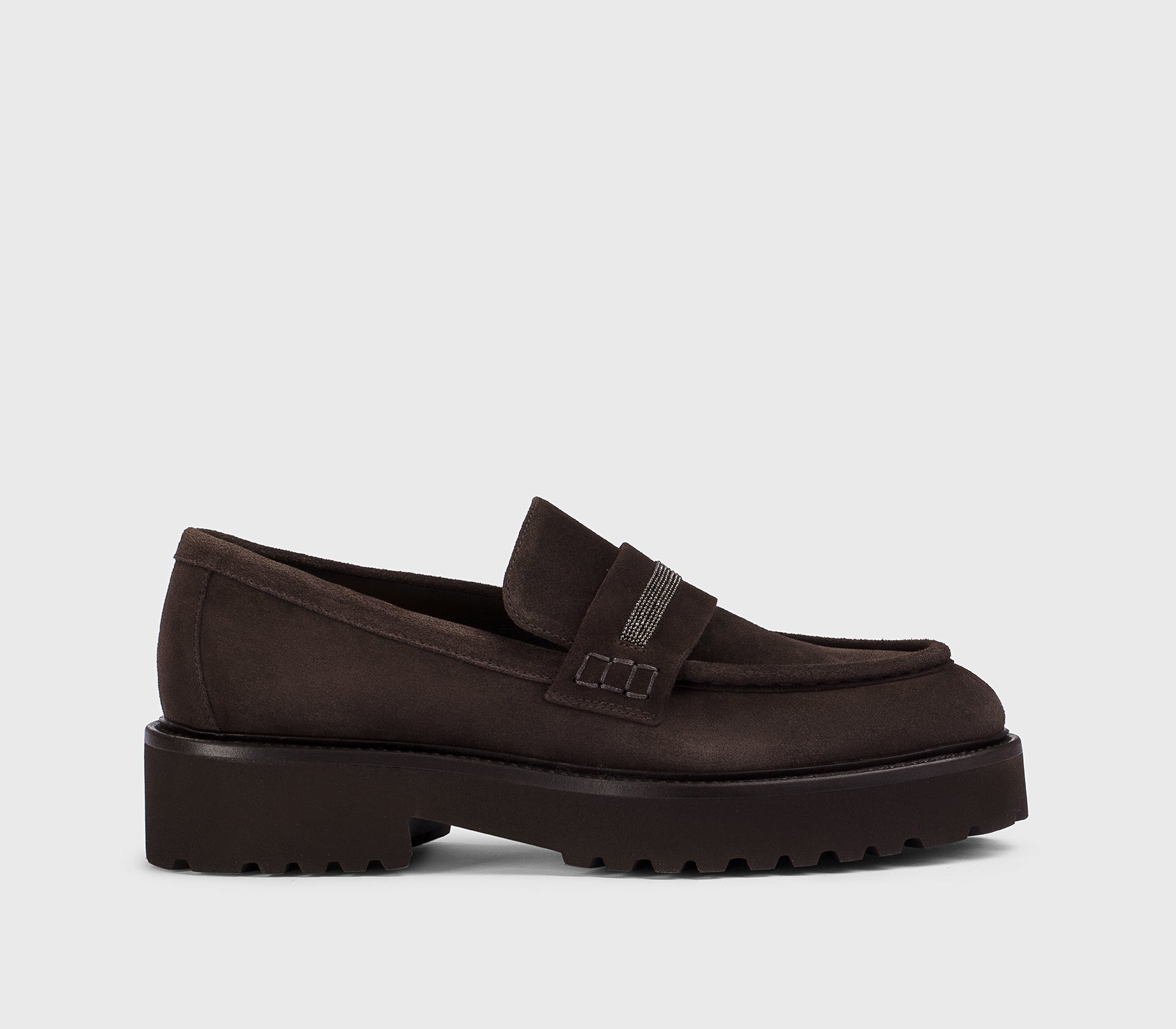 Mahogany-coloured suede loafer with micro studs