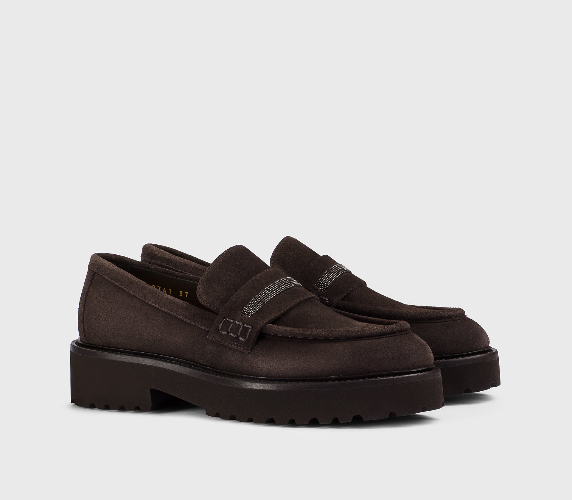 Mahogany-coloured suede loafer with micro studs