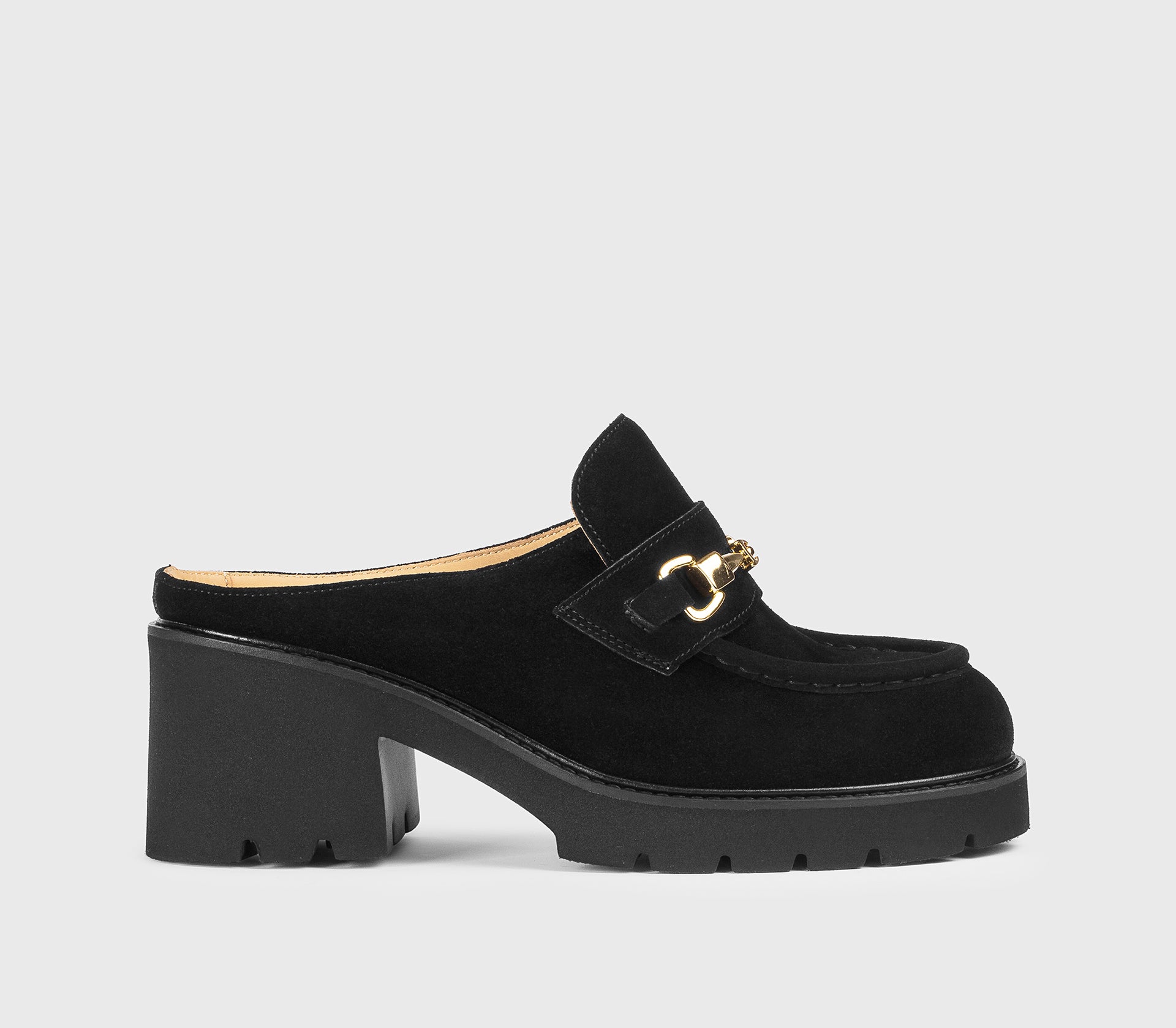 Schwarzer Wildleder sabot mit Accessoire