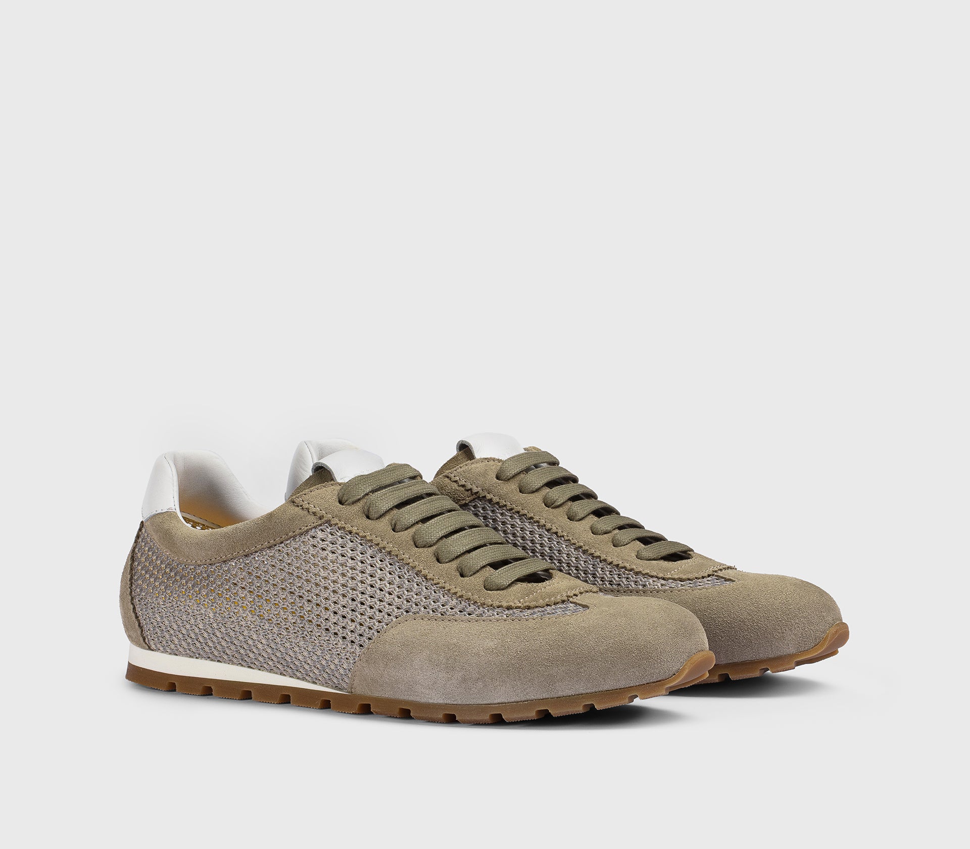 Mud-coloured fabric and suede sneaker