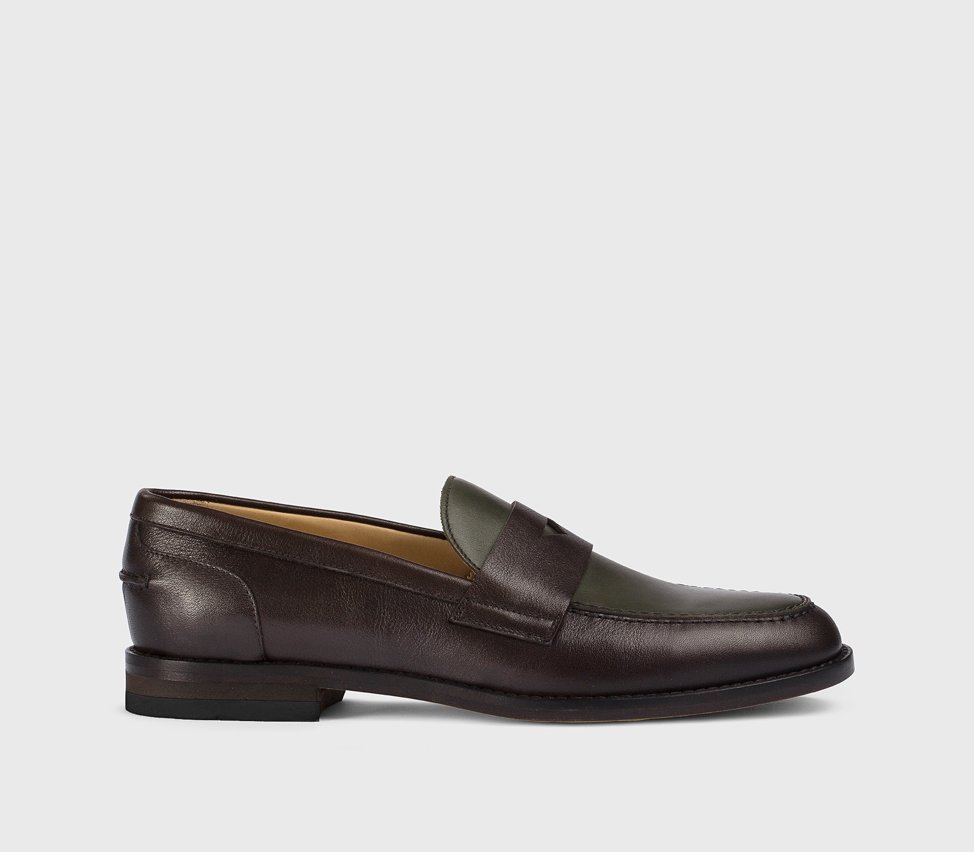 Two-tone dark brown and green leather loafer