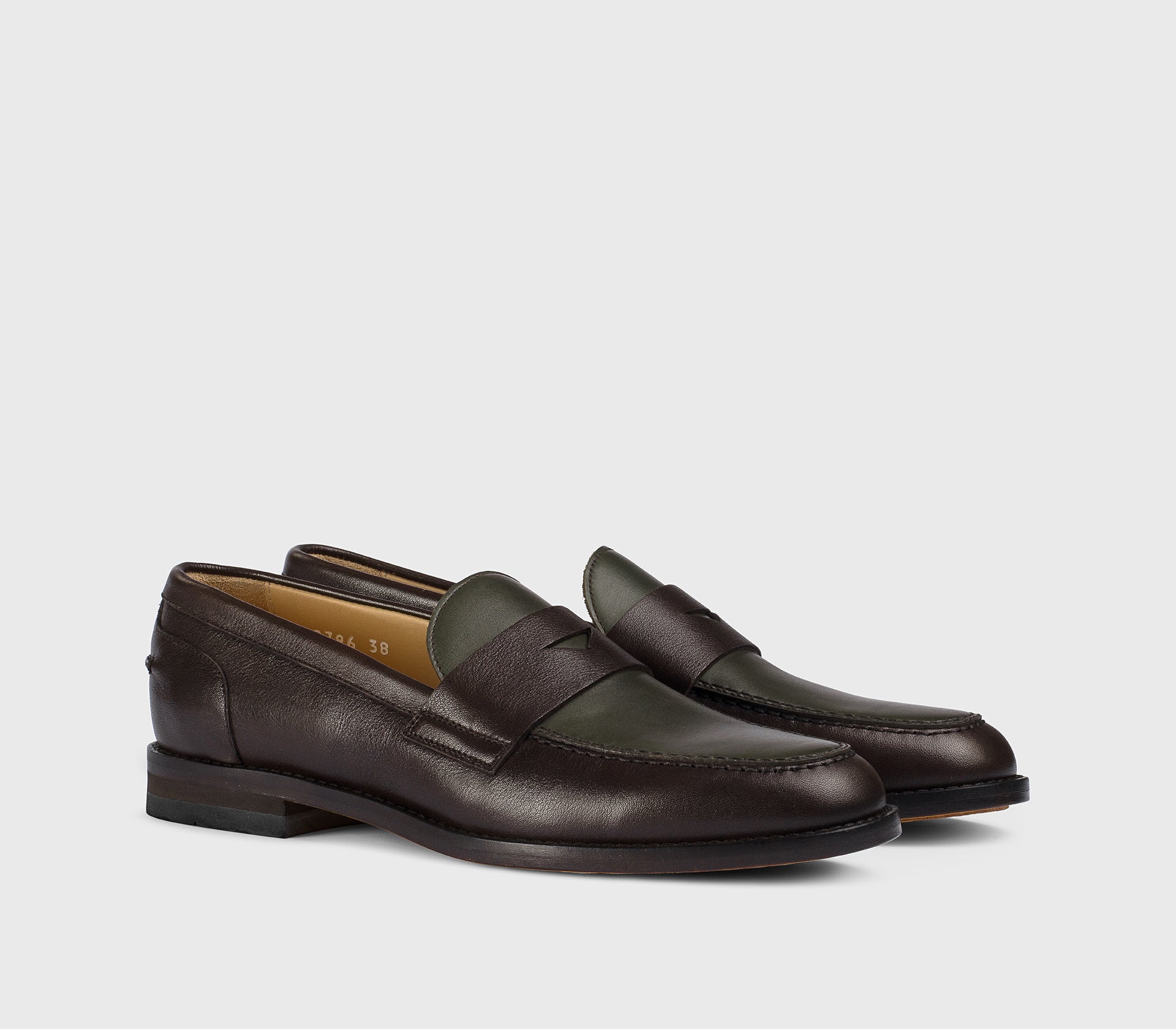Two-tone dark brown and green leather loafer
