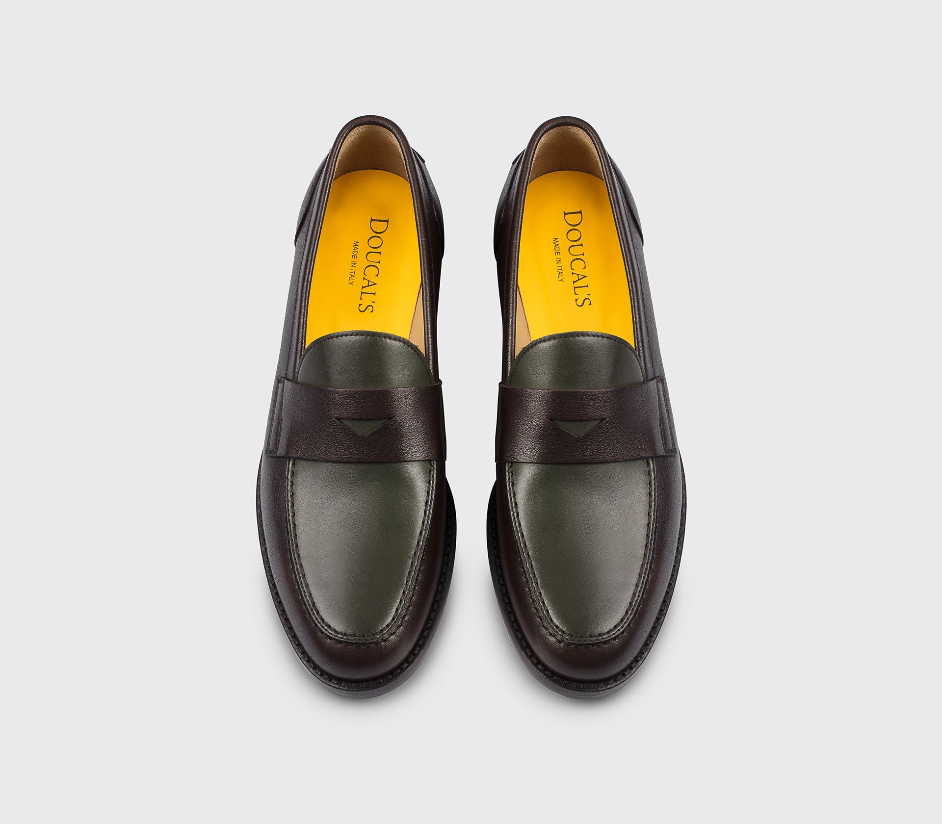 Two-tone dark brown and green leather loafer