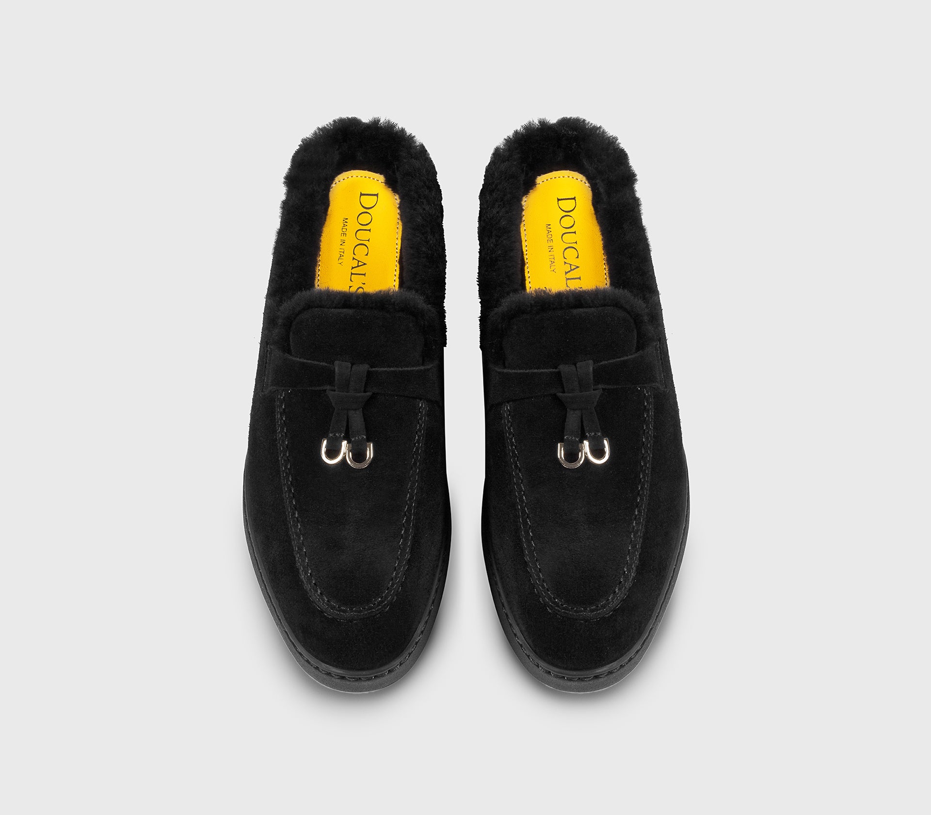 Black suede mule with fur detail