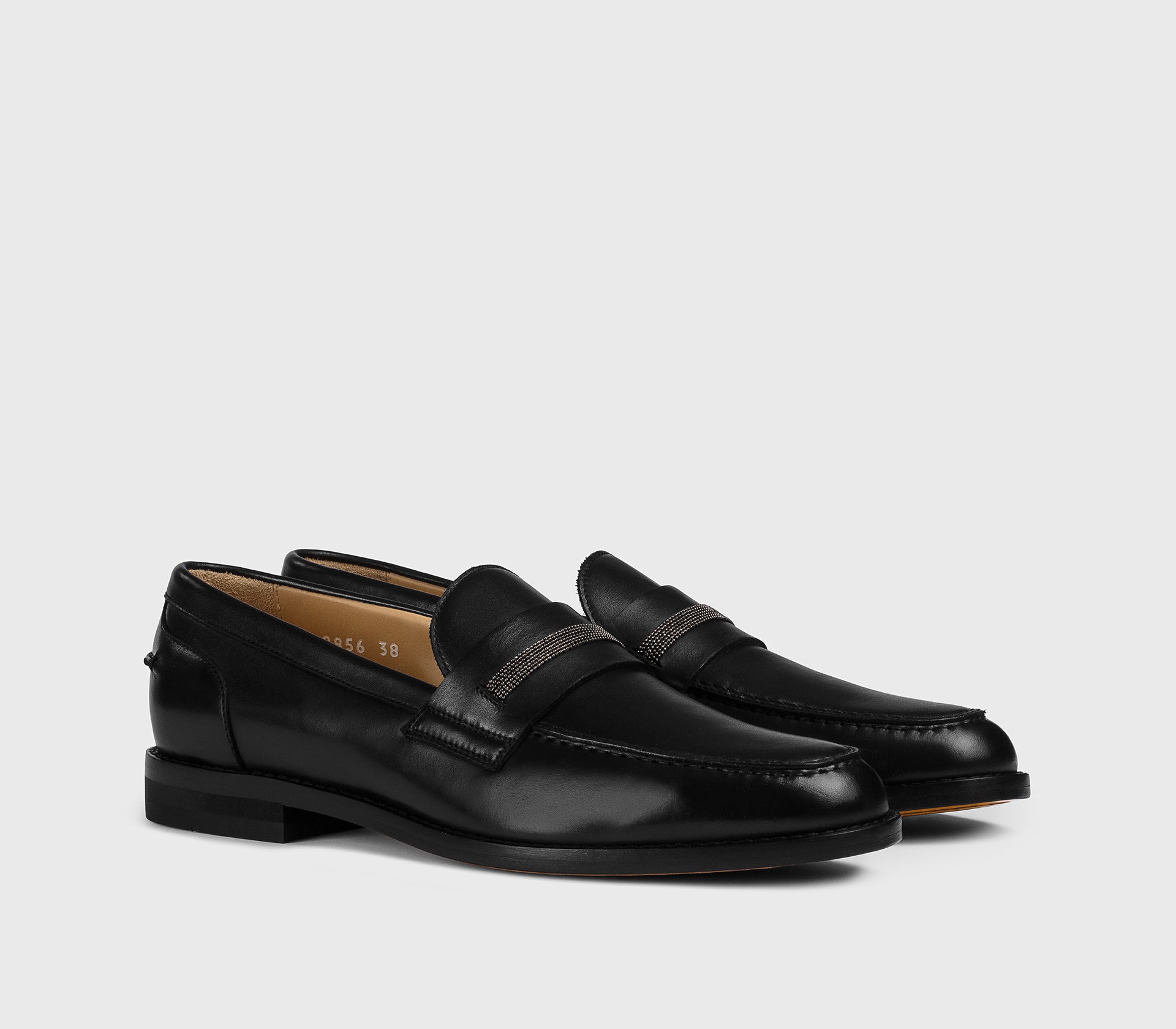 Black leather loafer with micro-studs