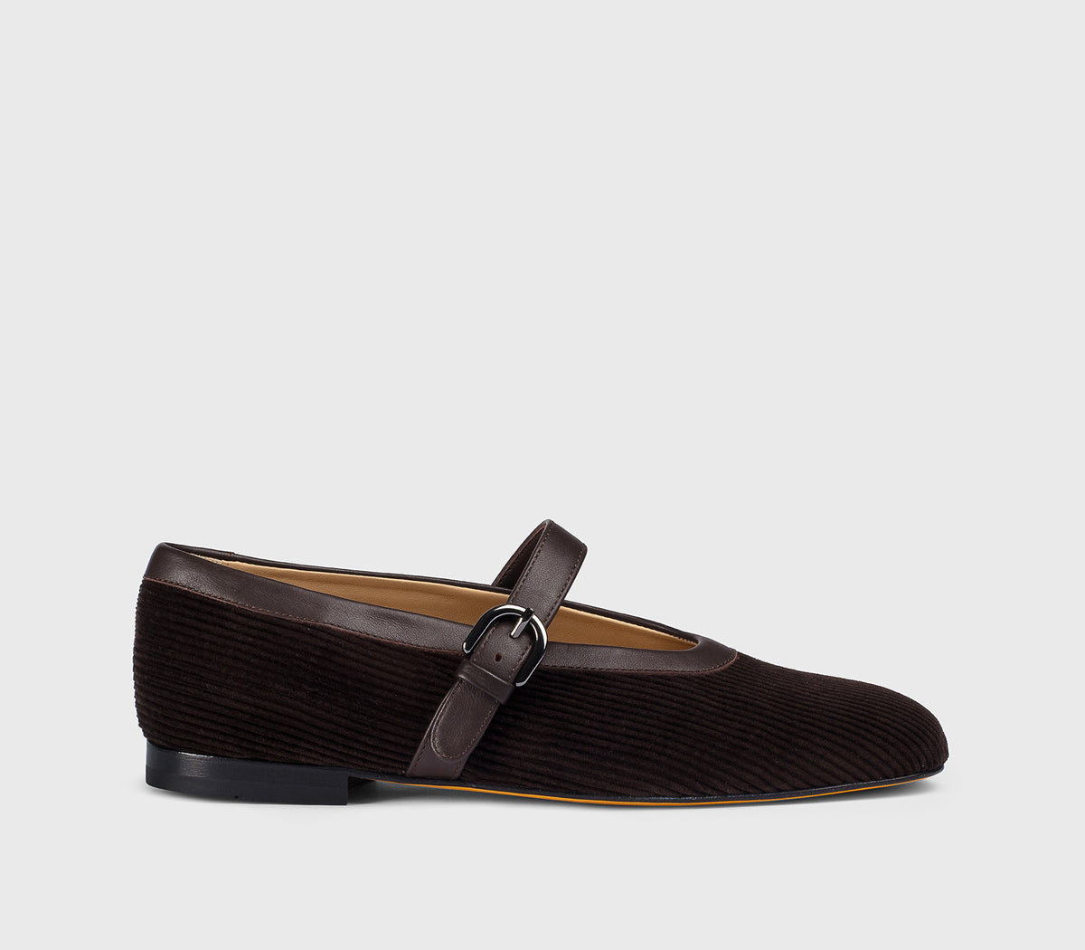 “Dark chocolate” brown velvet-finish ballet flat with strap