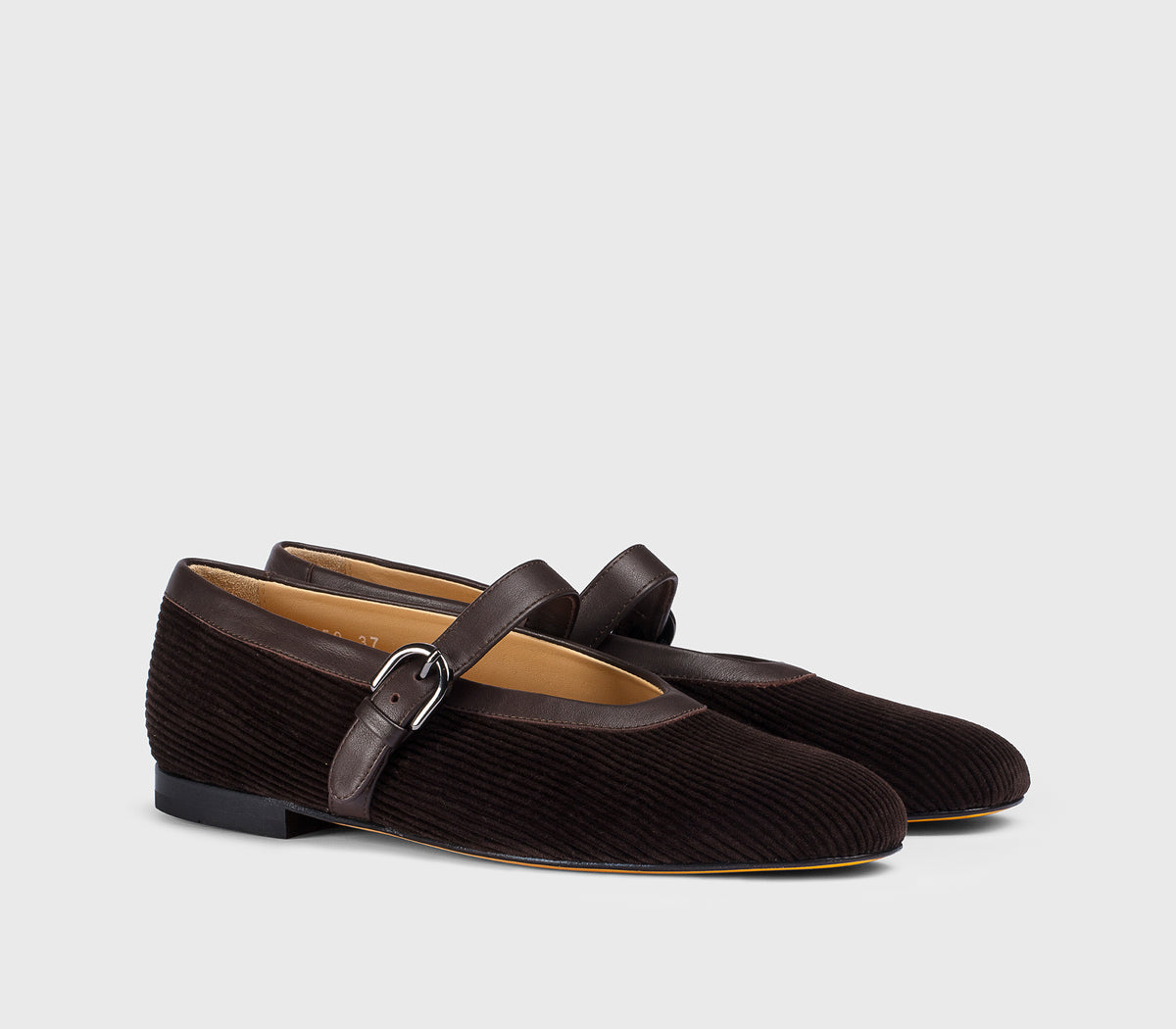 “Dark chocolate” brown velvet-finish ballet flat with strap