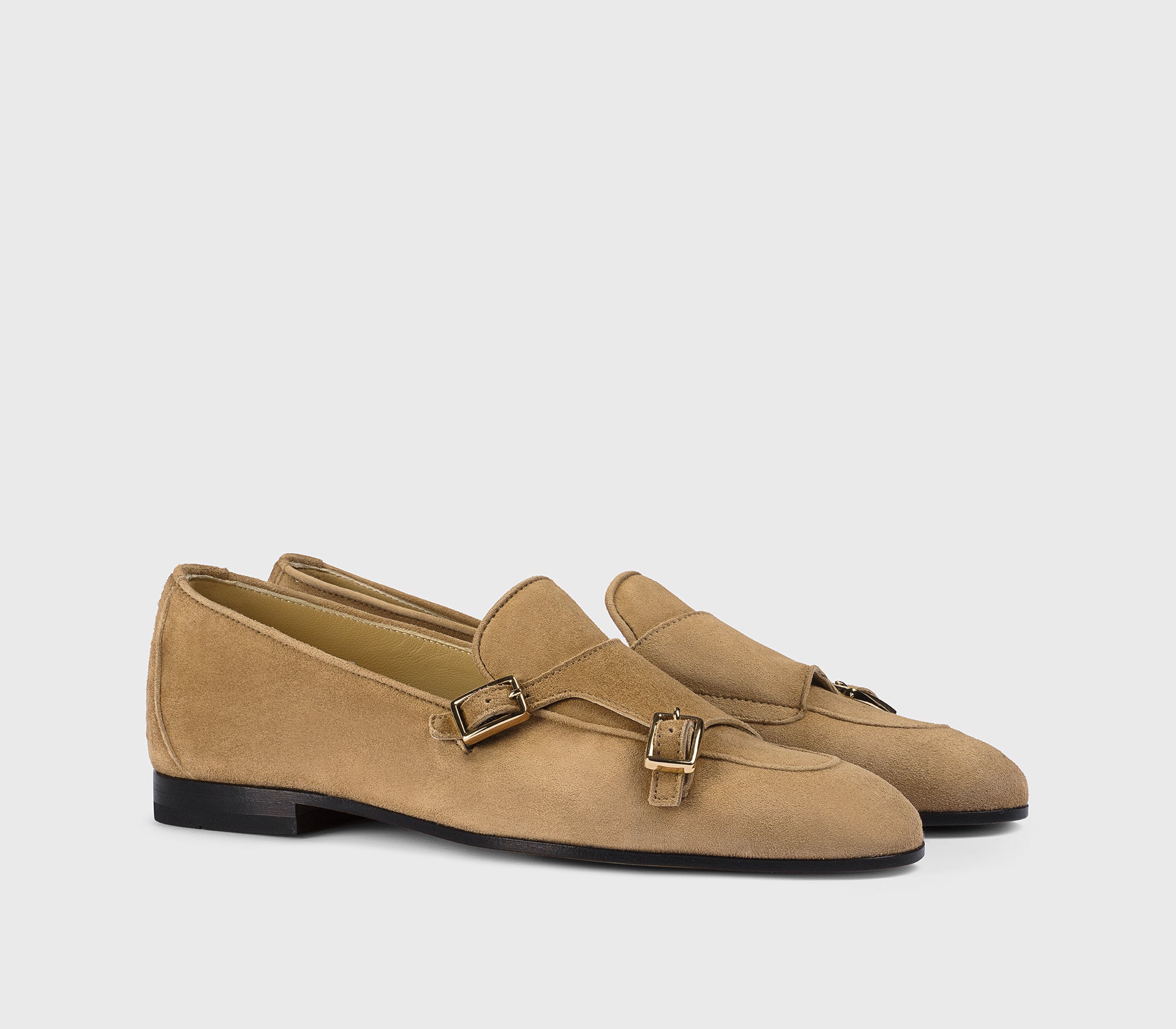 Mokassin mit doppelter Schnalle aus Veloursleder in „Teddy Beige“