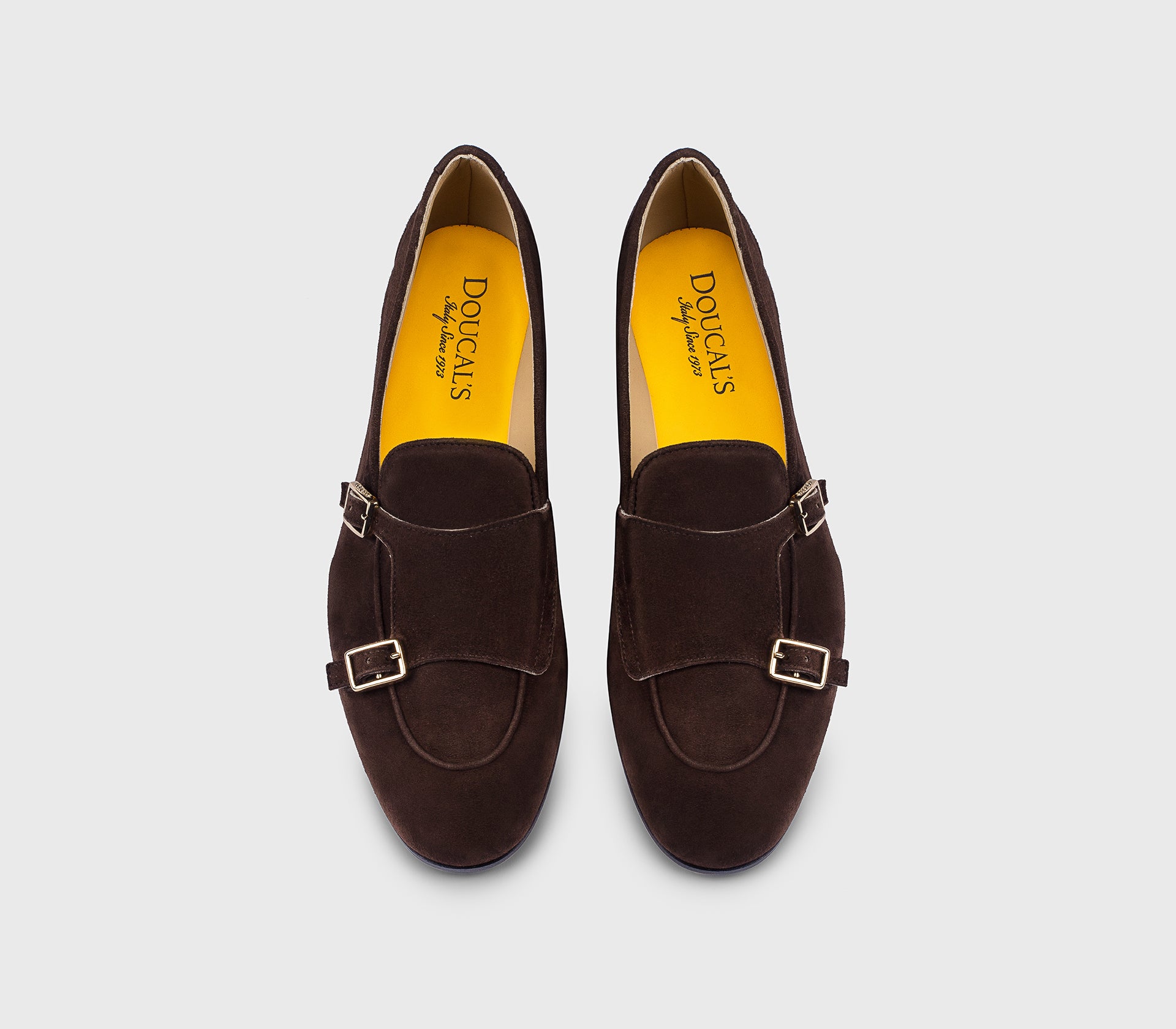 “Moka” brown suede double-buckle loafer