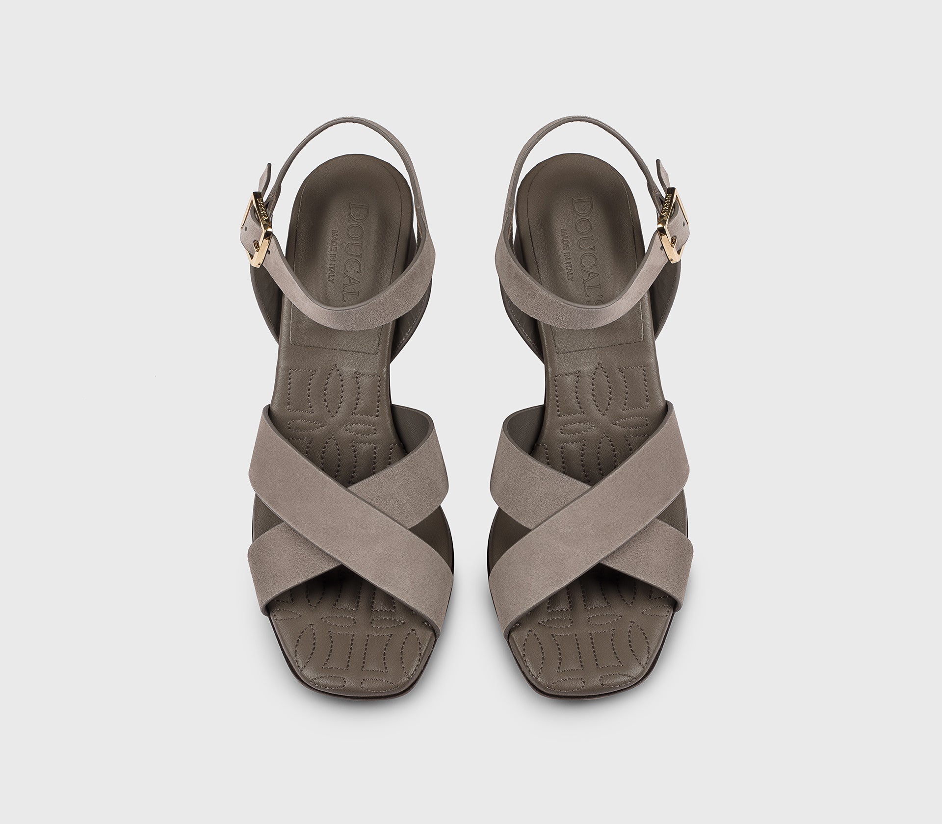 Warm grey suede cross strap sandal
