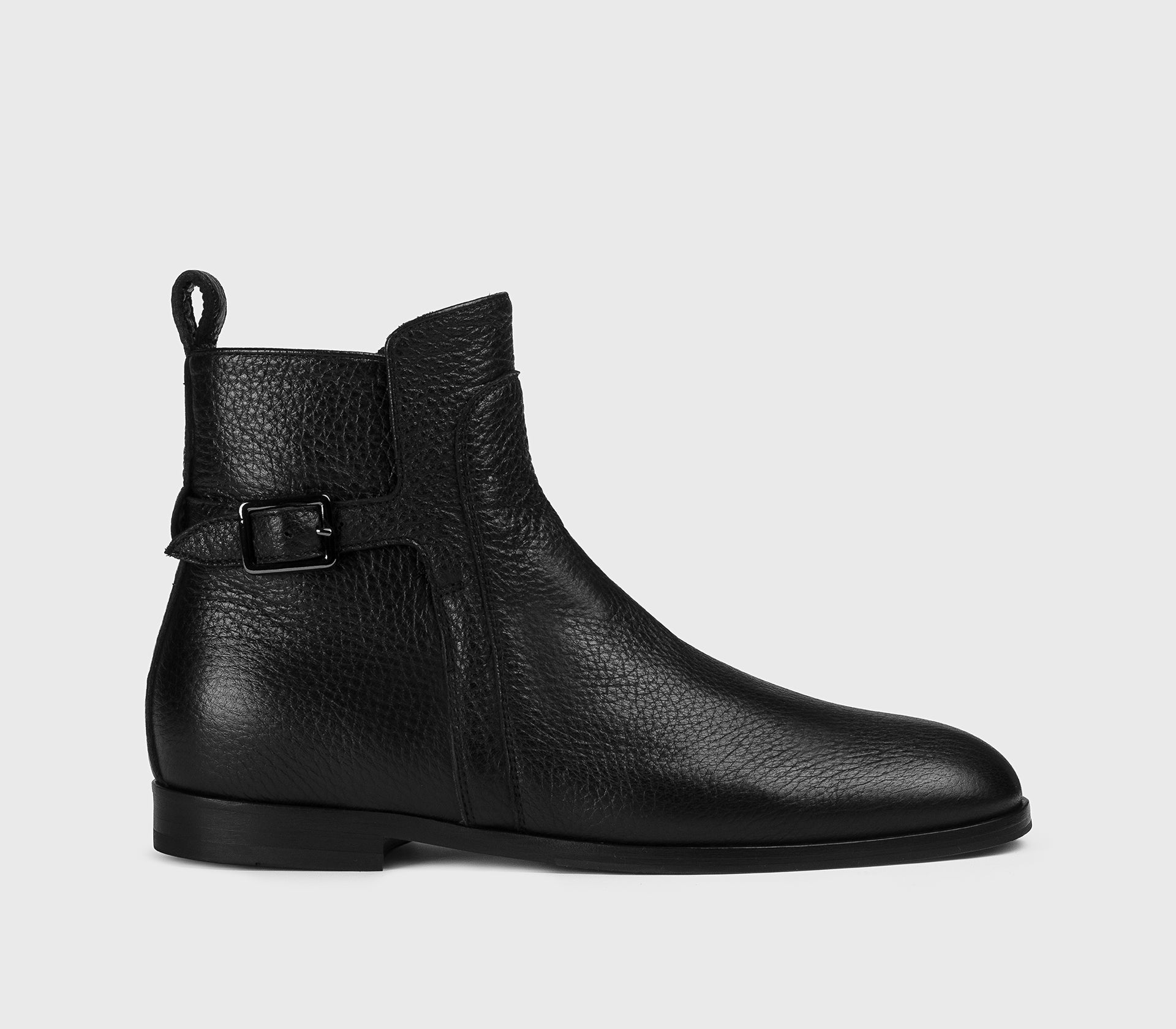 Black leather ankle boot with strap