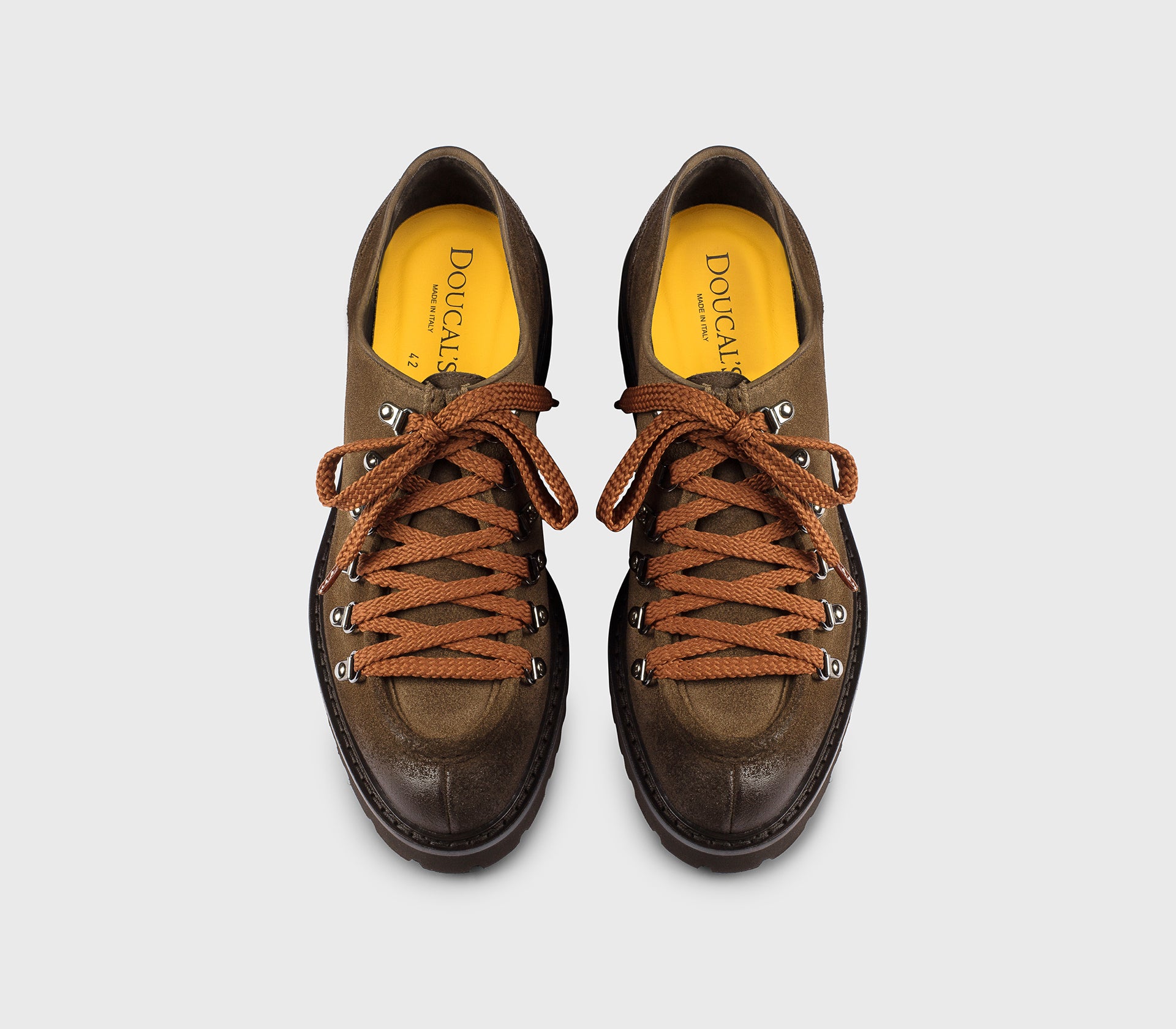 “Chocolate” brown suede lace-up with hooks