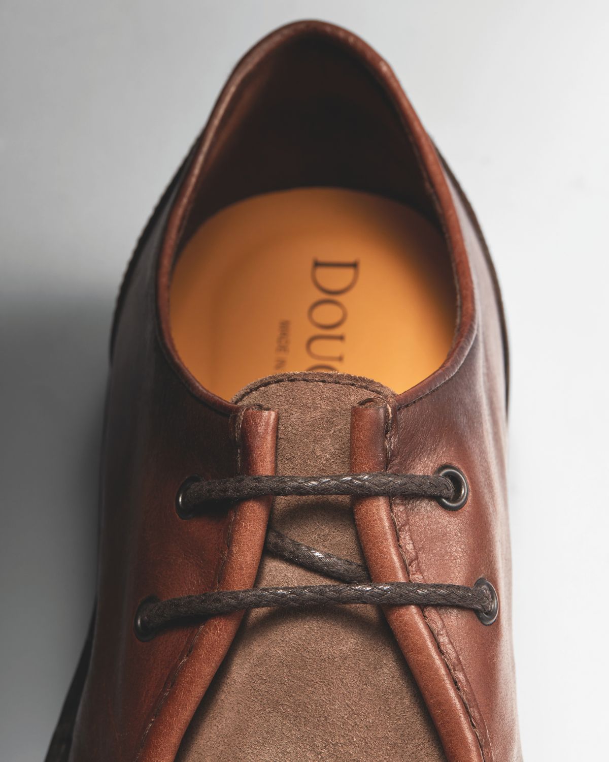 Cocoa two-hole leather lace-up with  suede detail