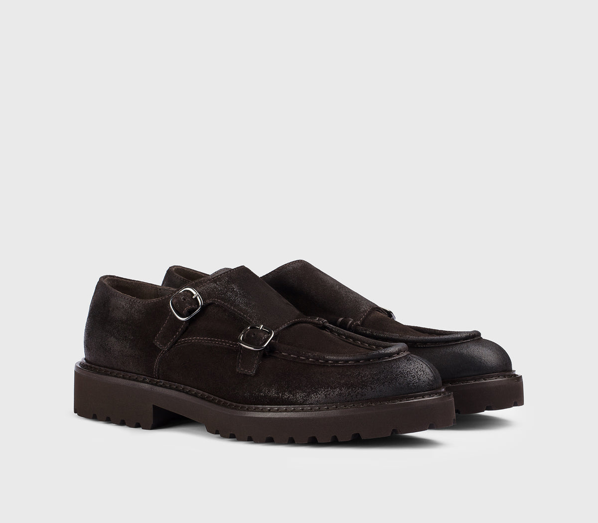 Chaussure à double boucle en daim brun « terreux »