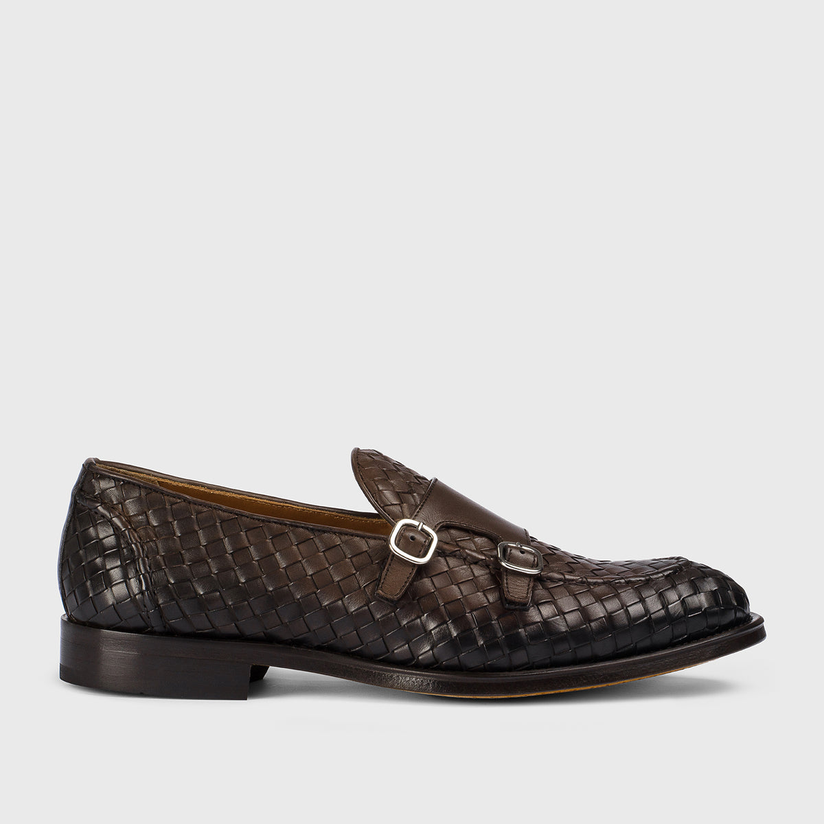 Maicol Mens Brown Woven Leather Monk Strap Loafers Basketweave Buckle‎ Shoes 11 Handmade Woven Brown Leather Loafers: Men main image 2