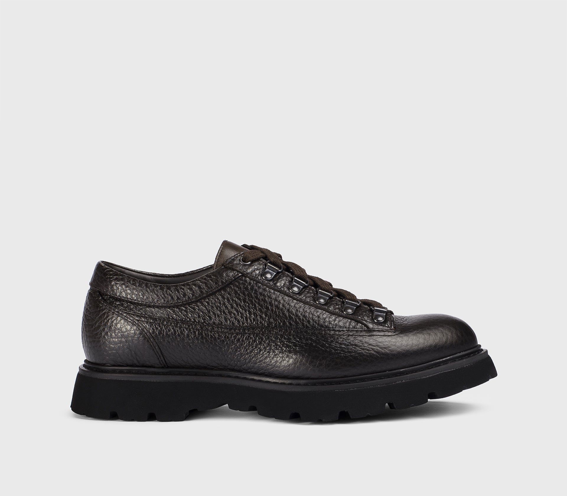 Dark ebony brown tumbled leather lace-up with hooks