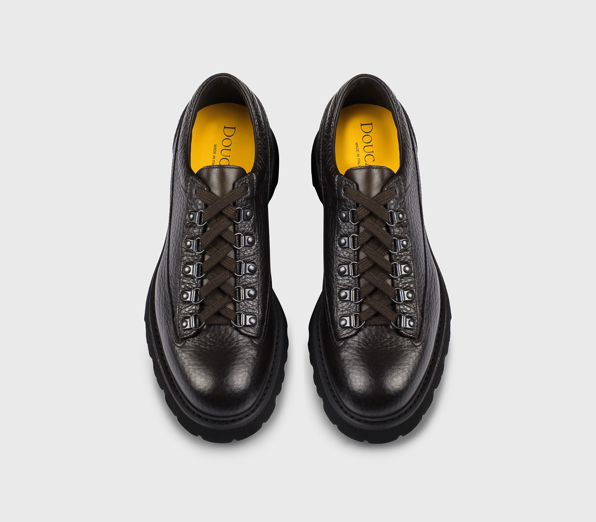 Dark ebony brown tumbled leather lace-up with hooks