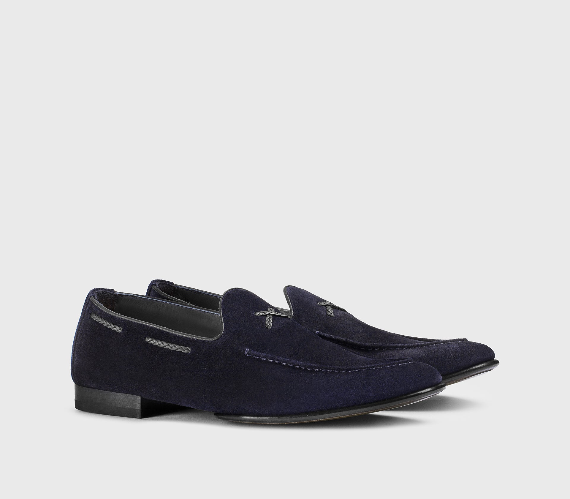 Blue suede loafer with braided lacing