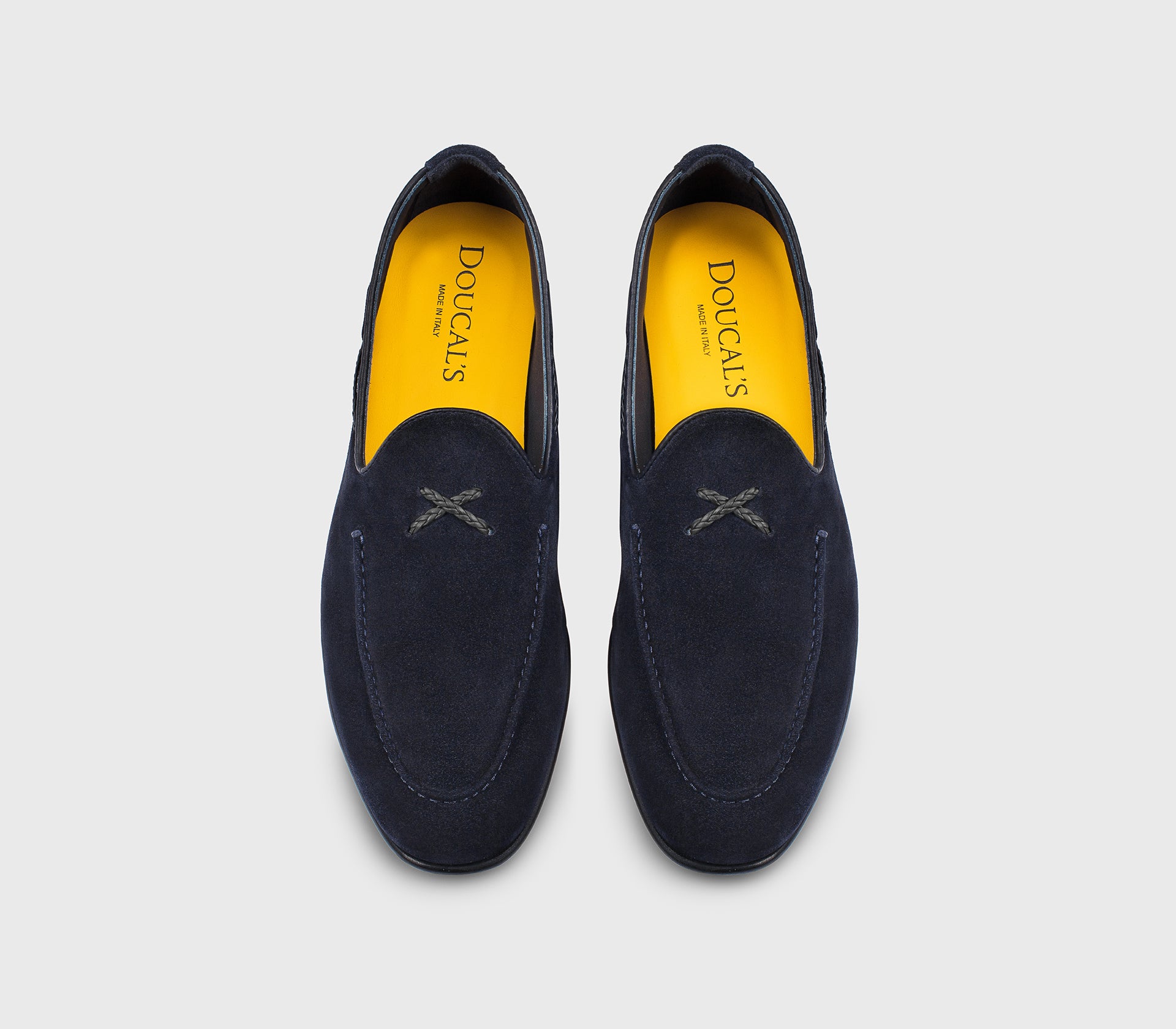 Blue suede loafer with braided lacing