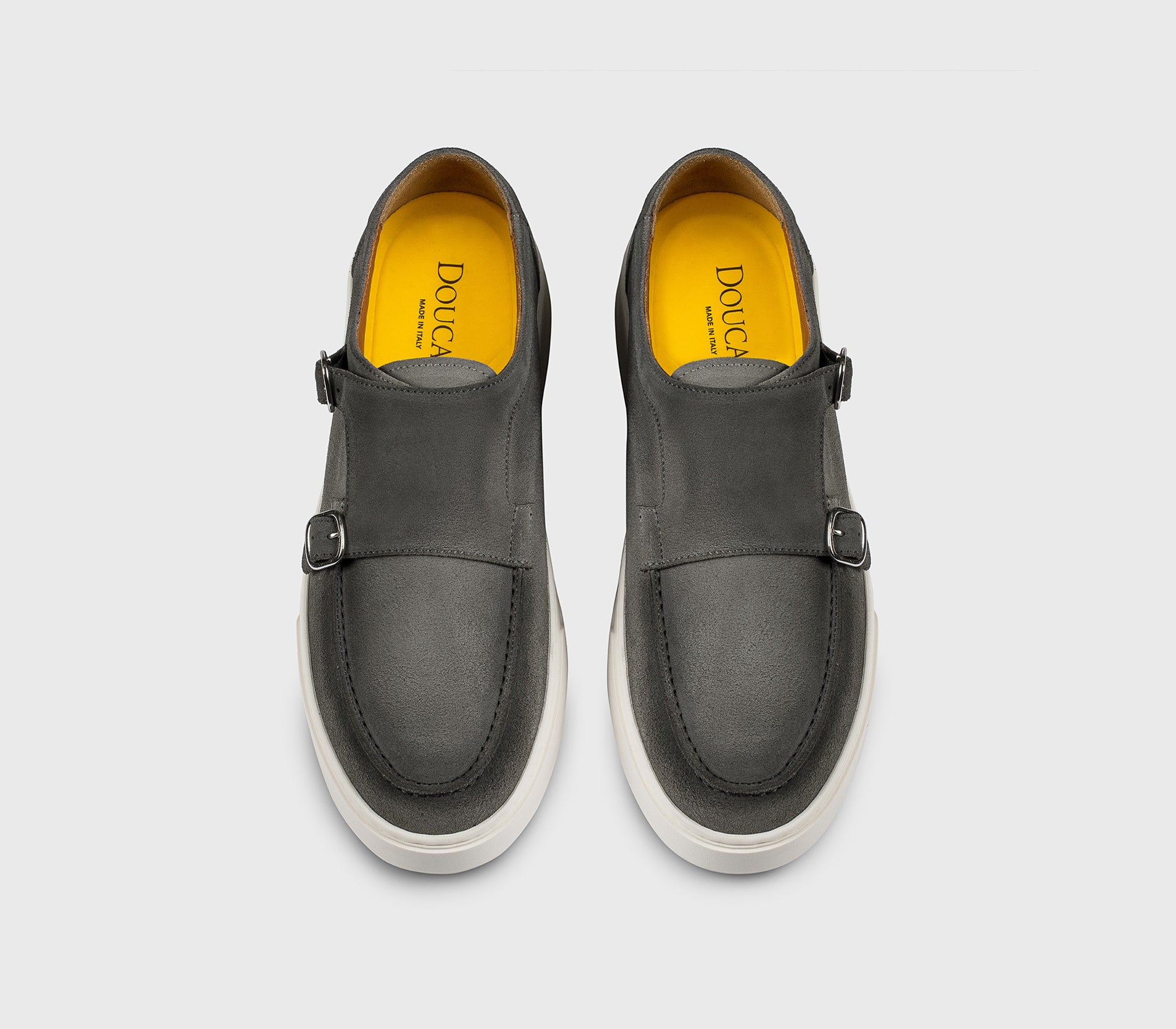 “Iron” grey suede double-buckle loafer